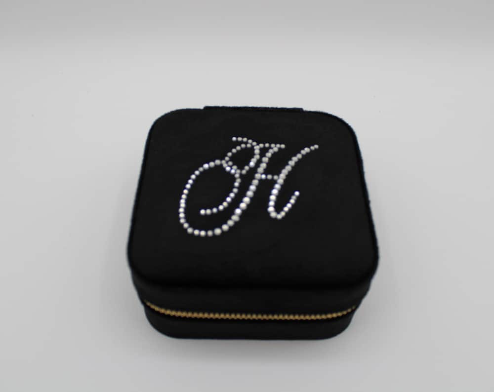 Velour black jewelry box. May be with customized rhinestones letter.