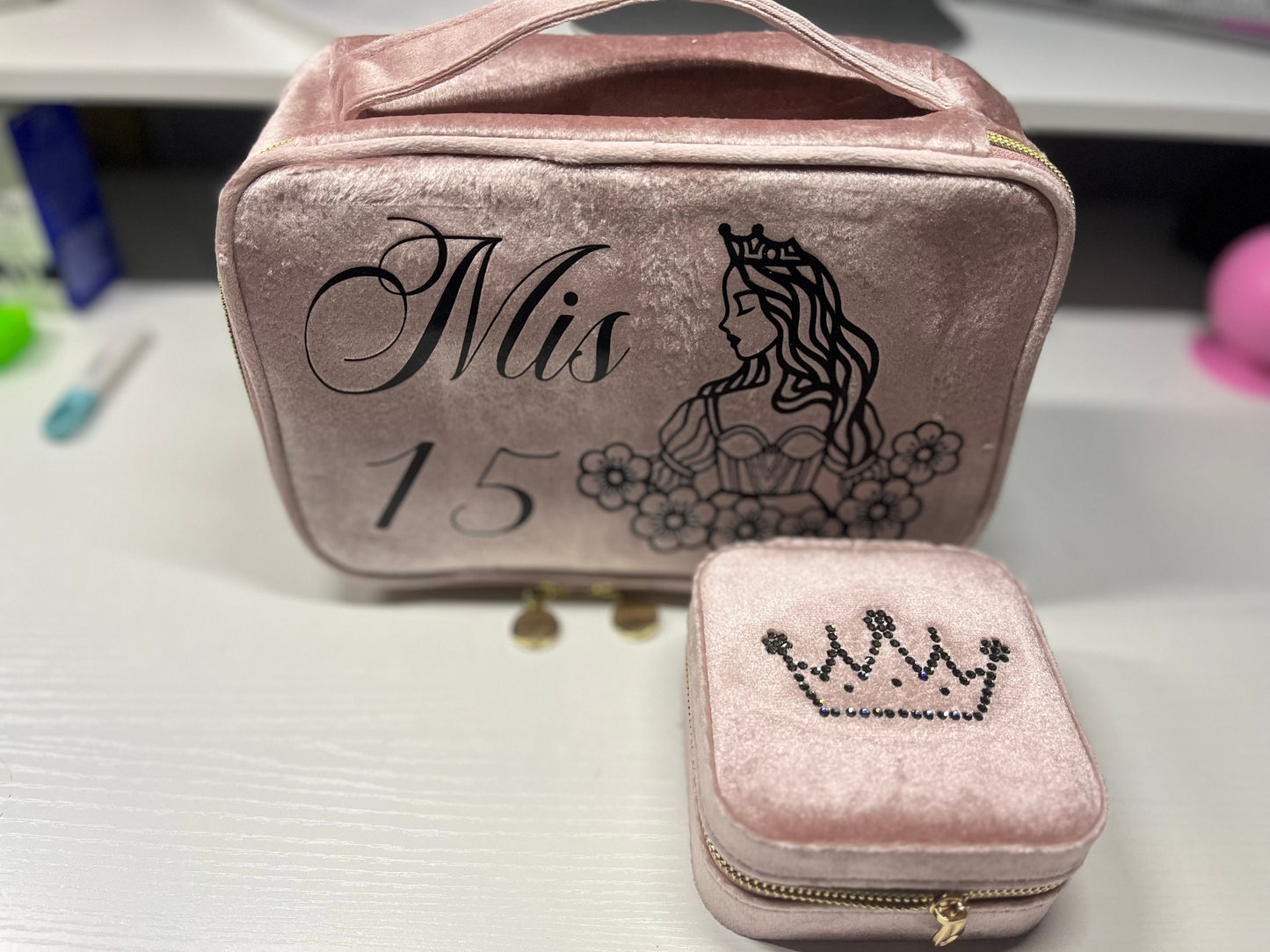 Personalized Makeup Bag for Mis 15, Bridesmaid Cosmetic Bag and jewelry box, Custom Makeup Bag, Bridesmaid Proposal, Bridesmaid Gift