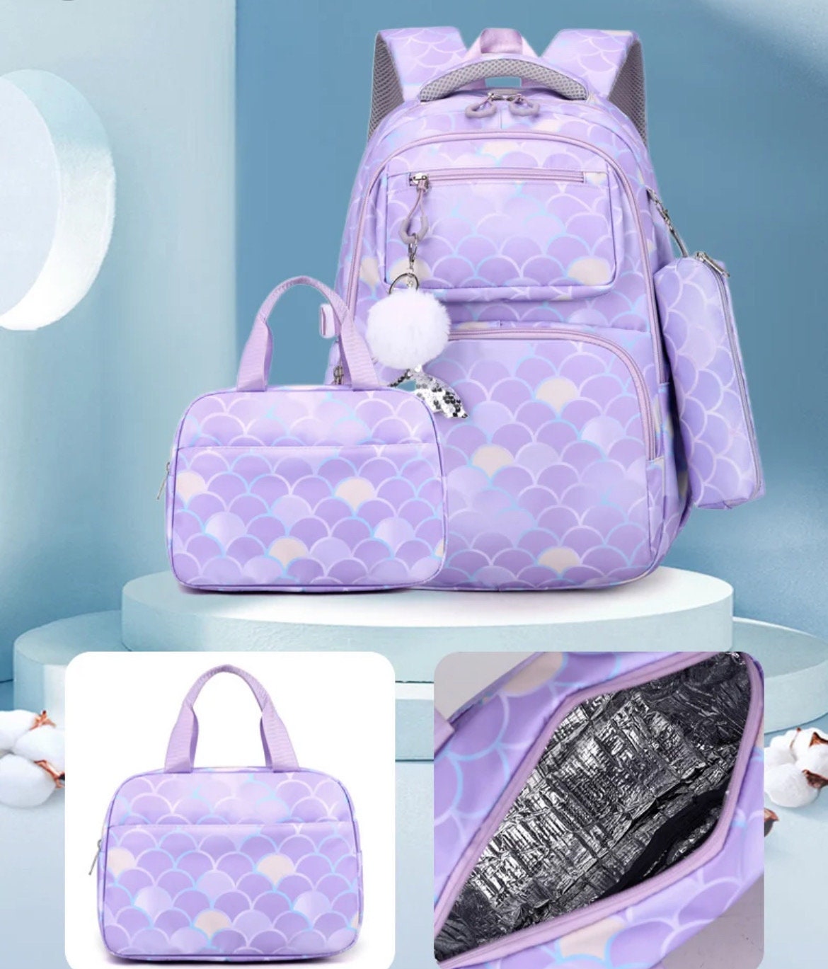 Backpack for kids, Back to school, 3-in-1 backpack, mermaid backpack, pears, quality bag, pearls, custom , purse for pencils, lunchbox