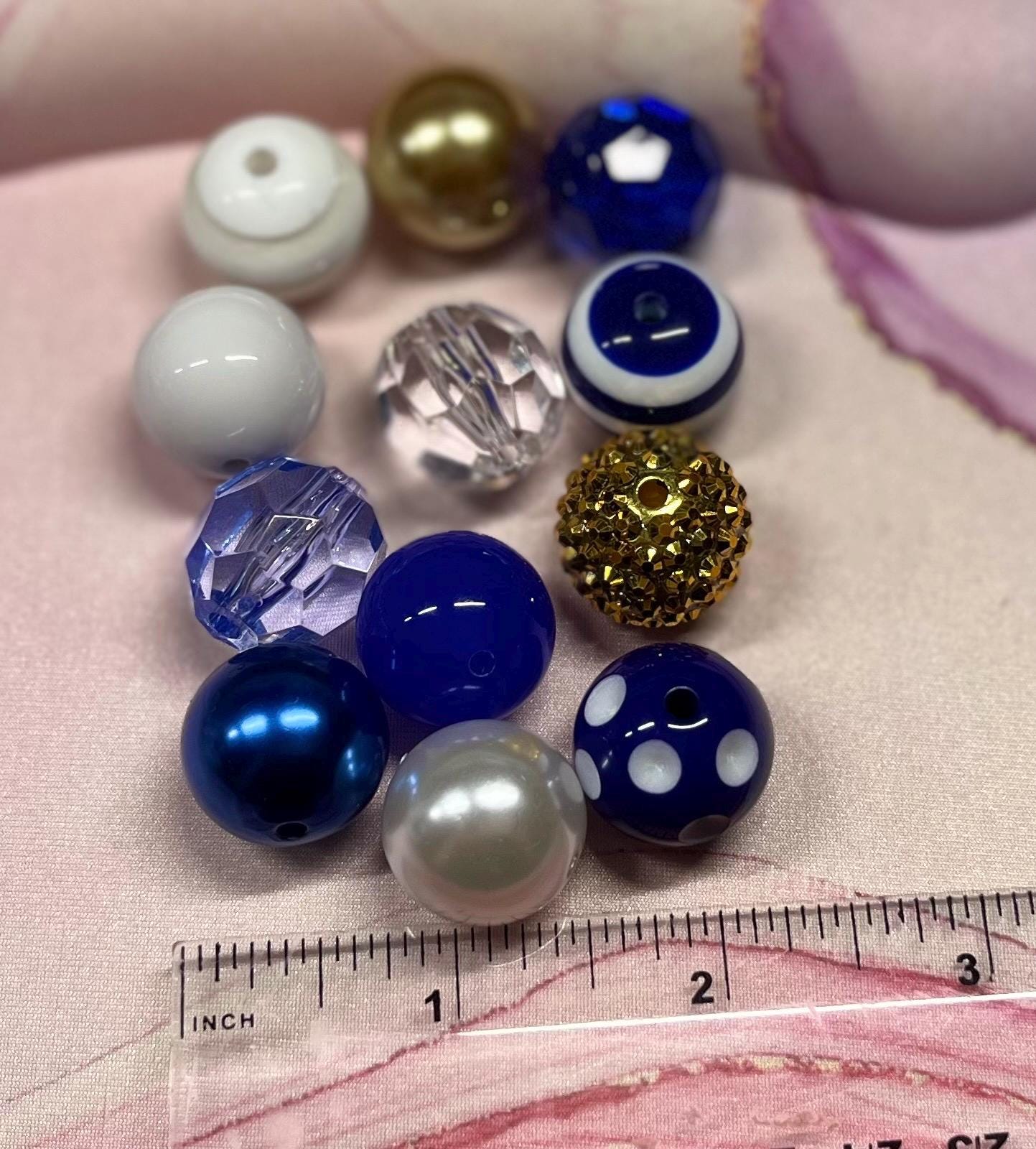 Sale bubblegum Beads, Mixes, DIY, 20mm beads, Blue, Clear, white and Gold, for pens & crafts, acrylic, bulk assorted, price for 10 beads