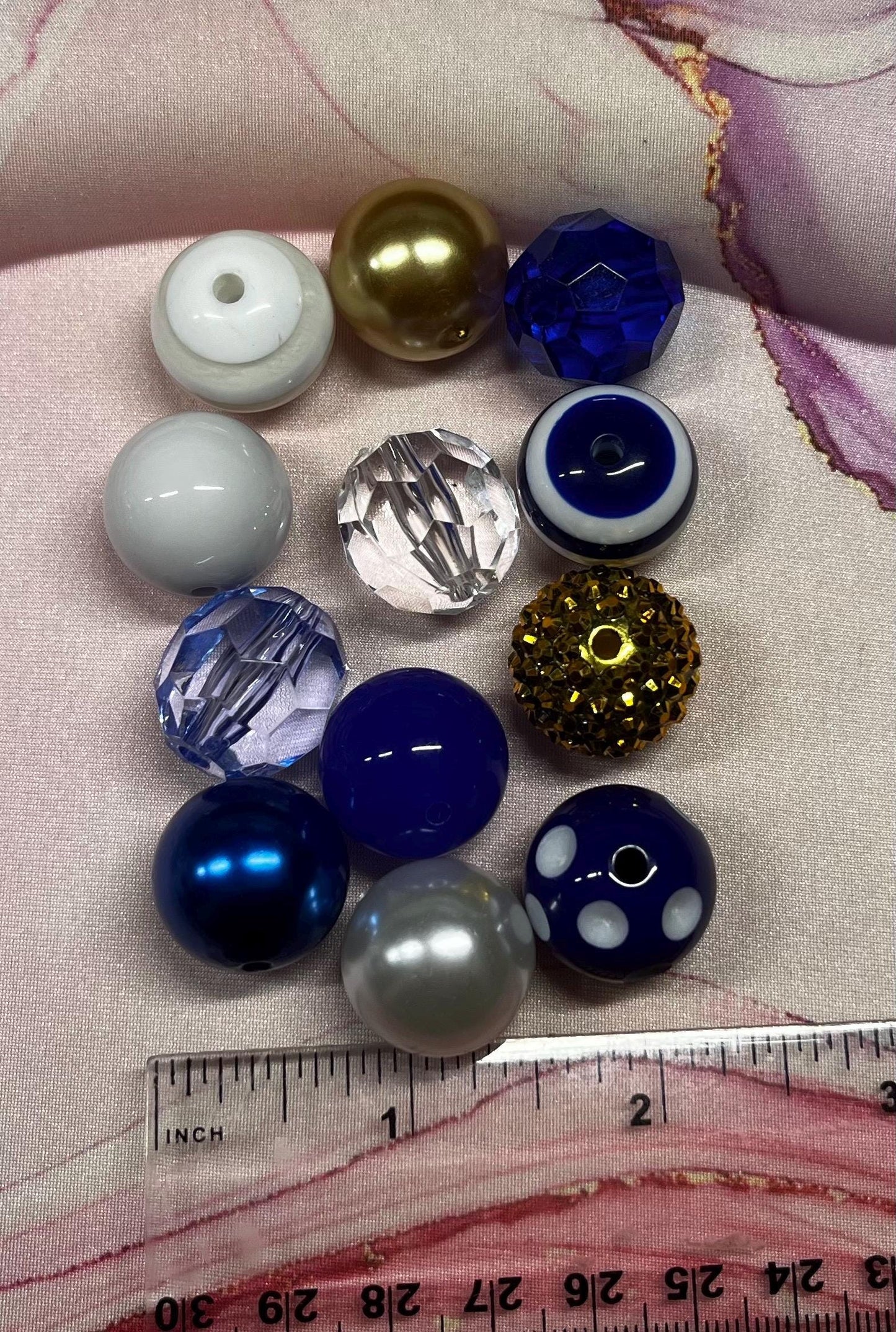 20mm Bubblegum Beads: Blue, Clear, White & Gold Acrylic Mix (10 pc)