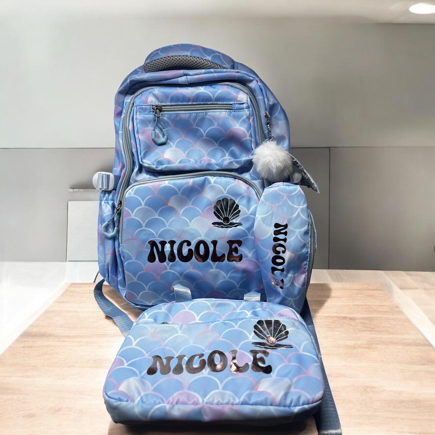 3-in-1 Mermaid Backpack Set for Kids: Quality School Bag, Pencil Purse & Lunchbox with Keychain, Colorful Mermaid Backpack Trio.