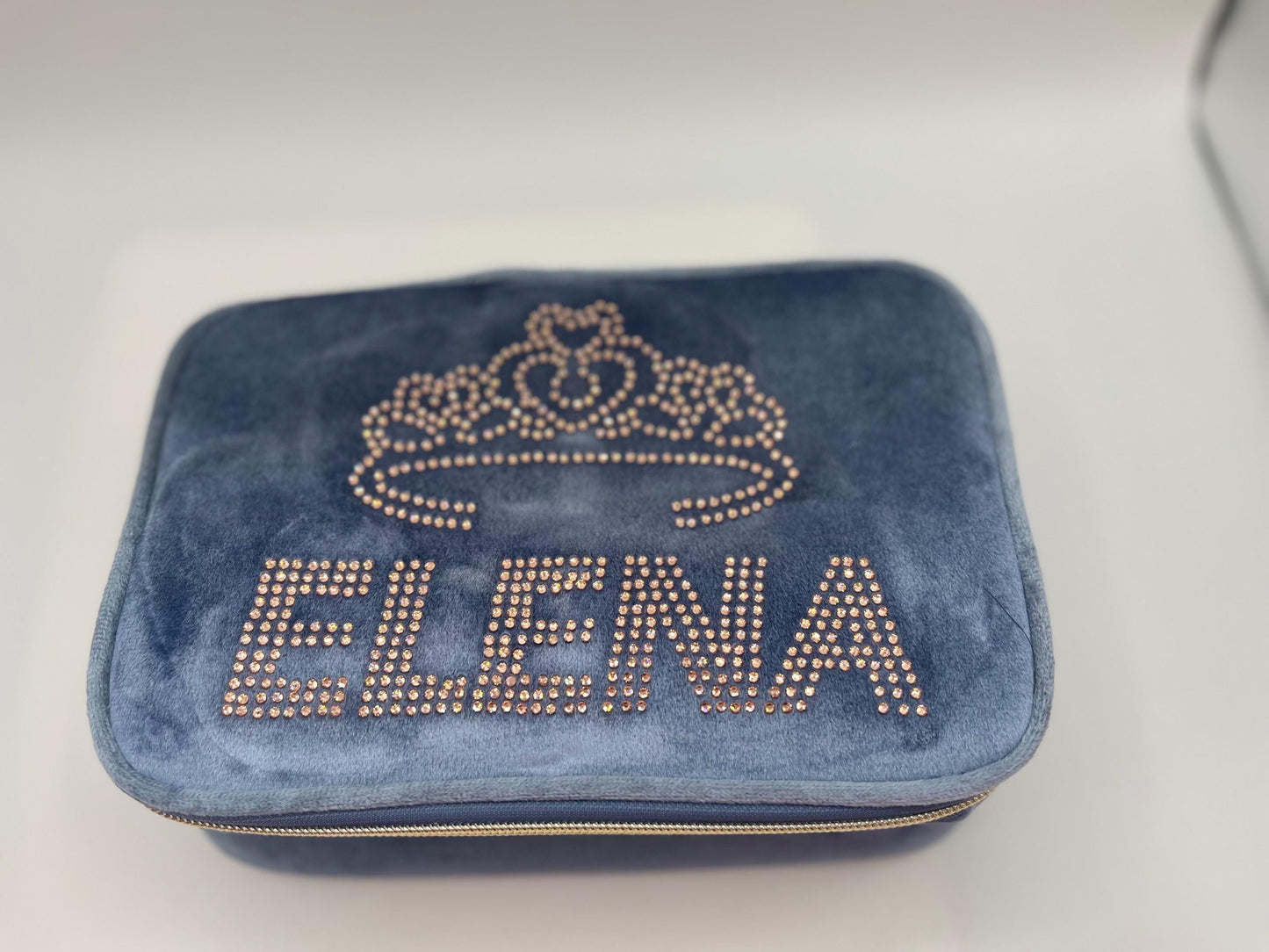 Personalized velvet makeup bag. Custom make up bag, crown rhinestones toiletries bag, honeymoon bag, quinceanera gift, crown gift