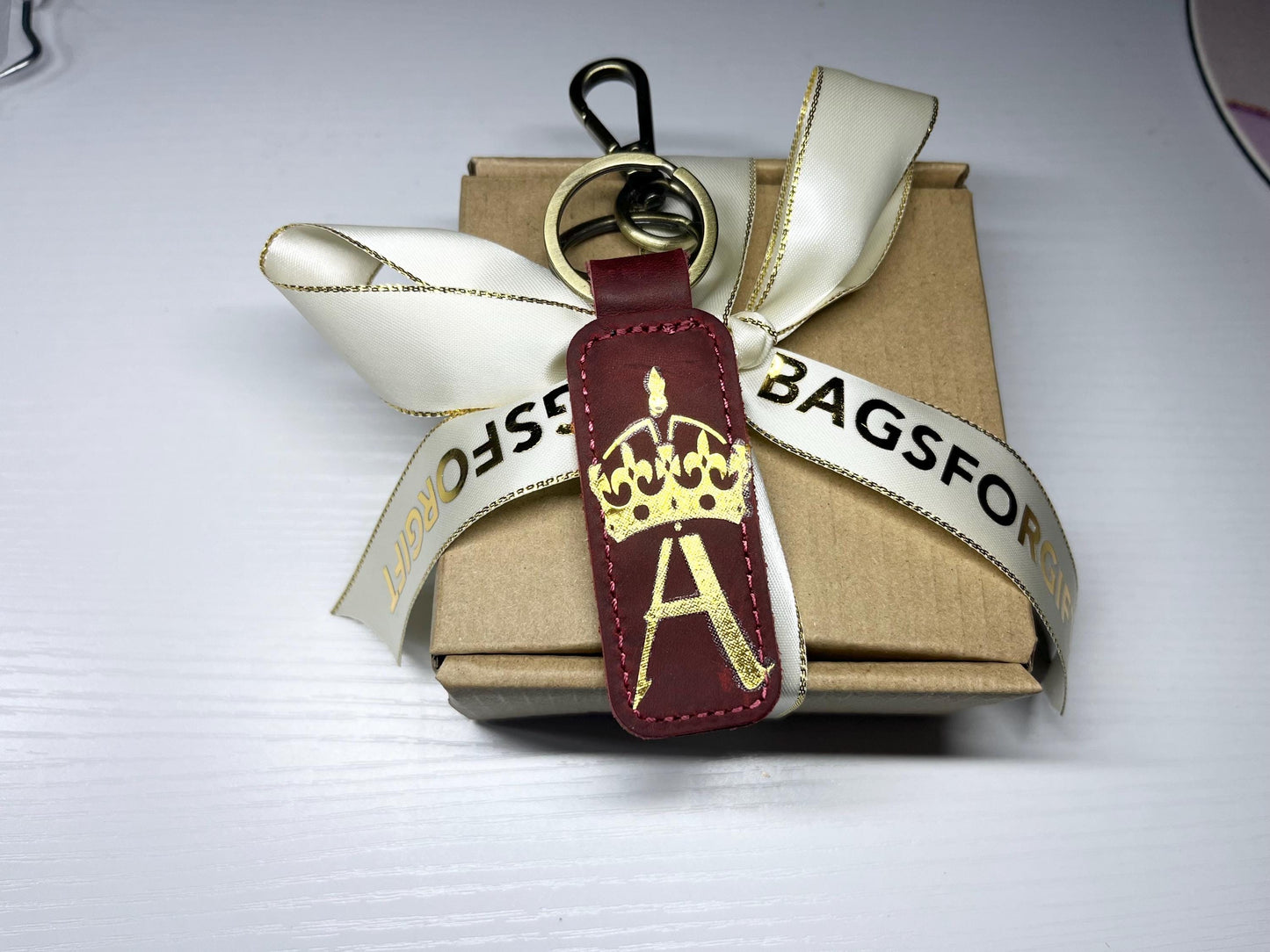 Personalized initialized leather keychain, key fob, custom keychain, leather initial keychain, shipping anniversary gift in box and bow