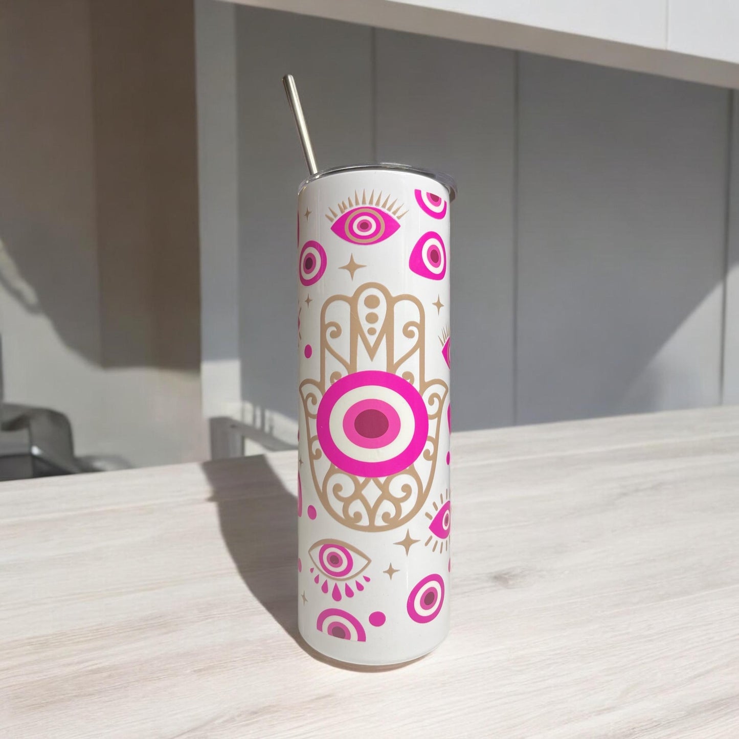 Two walls Hamsa and evil eye design skinny tumbler for any drinks, gift for her, bachelorette gift, mom, grandma personal gift, custom