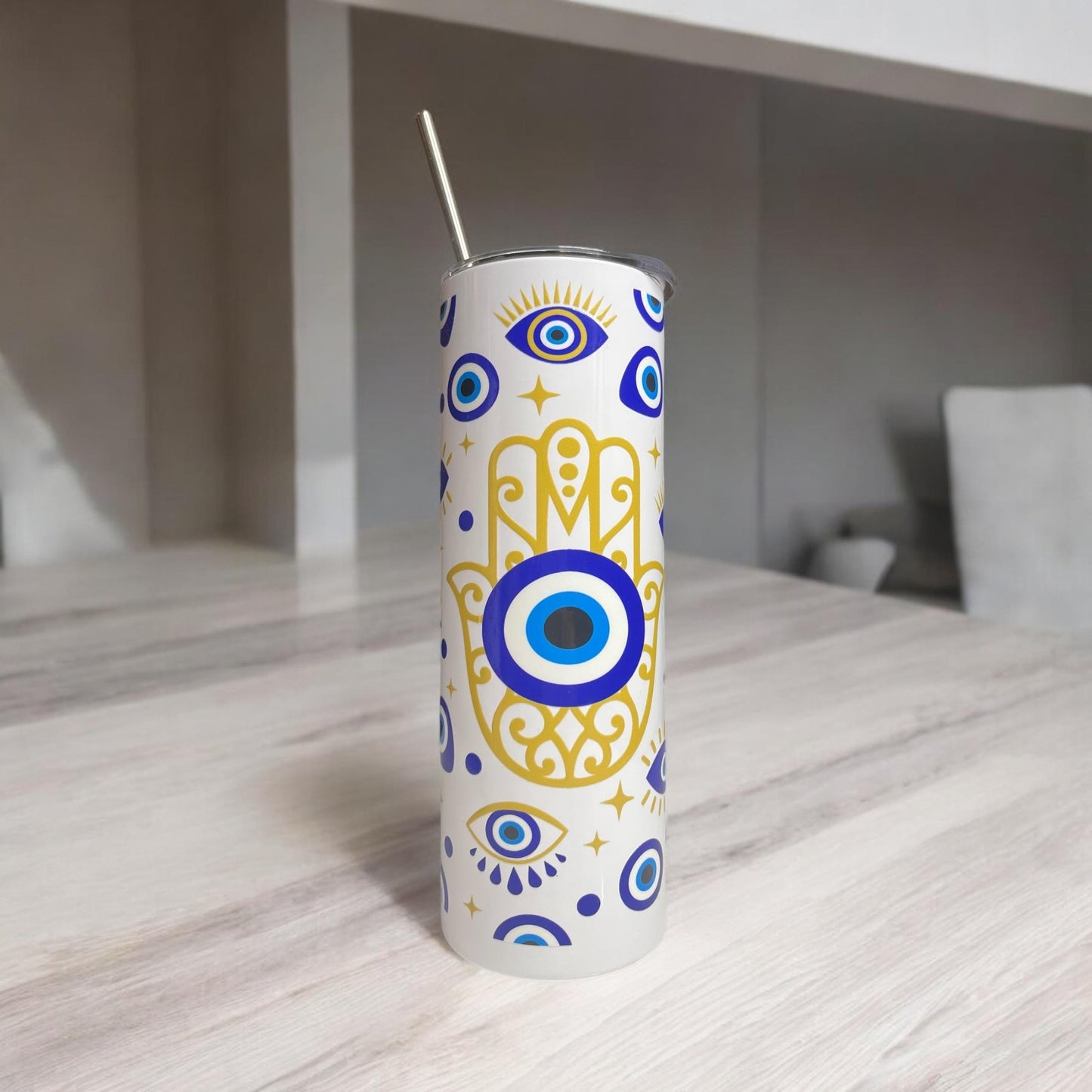Personalized Skinny Tumbler 20 oz, Custom Evil Eye Coffee Tumbler, Hamsa Gift for Her