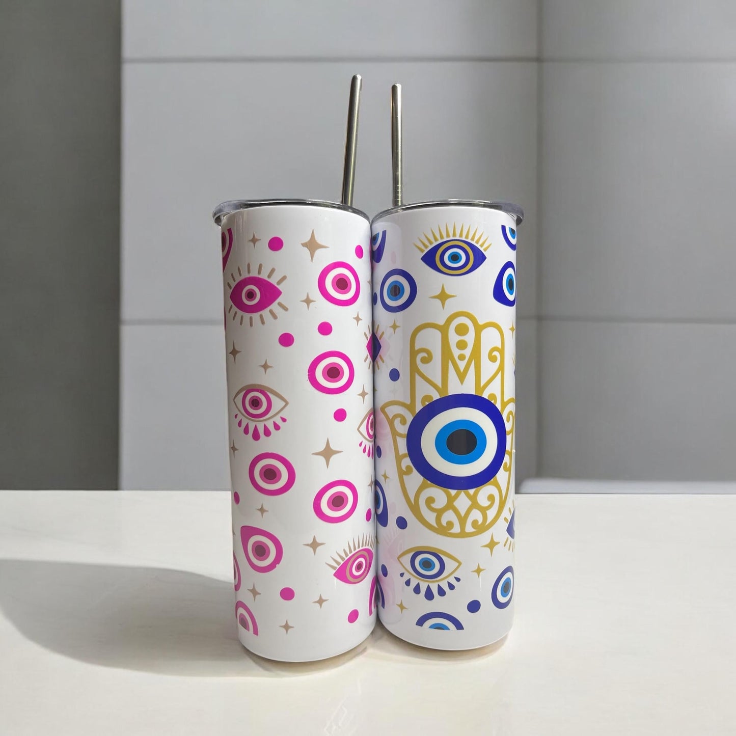 Two walls Hamsa and evil eye design skinny tumbler for any drinks, gift for her, bachelorette gift, mom, grandma personal gift, custom