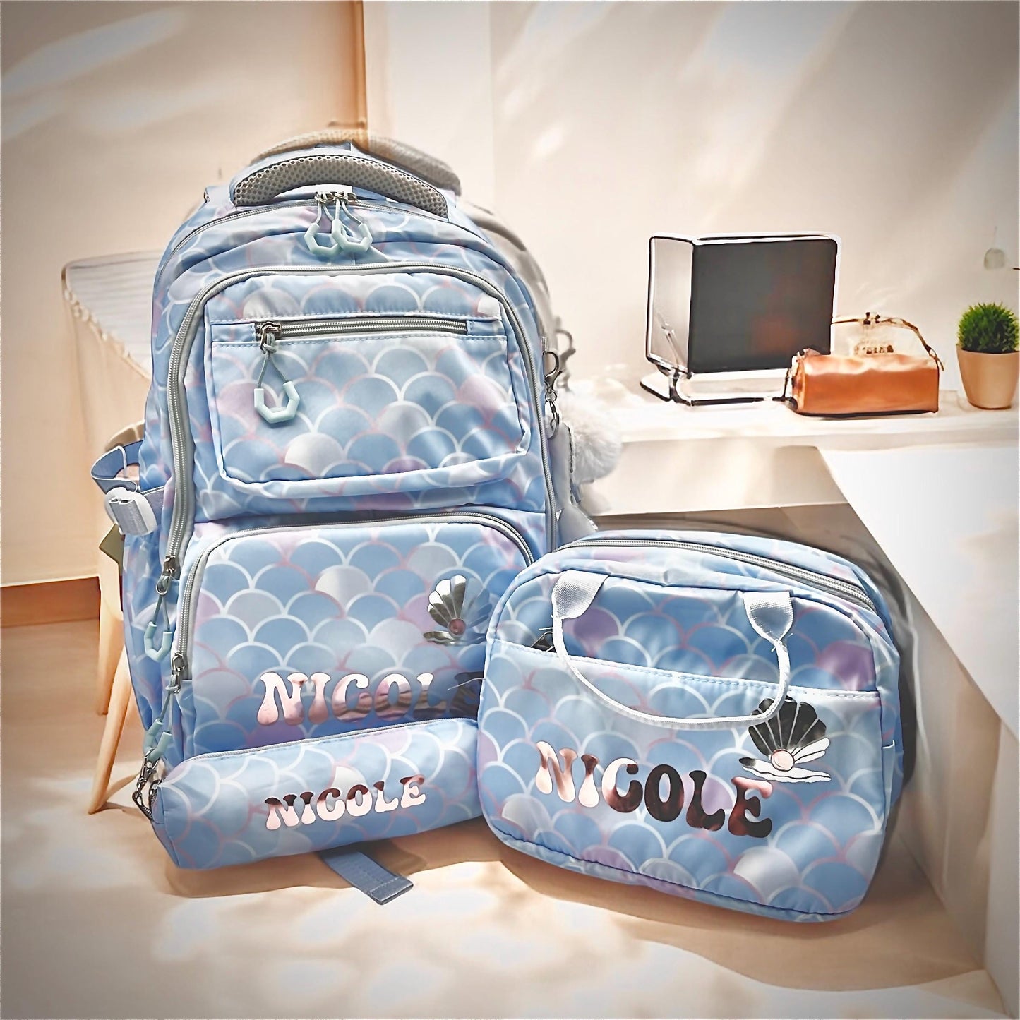 Backpack for kids, Back to school, 3-in-1 backpack, mermaid backpack, pears, quality bag, pearls, custom , purse for pencils, lunchbox