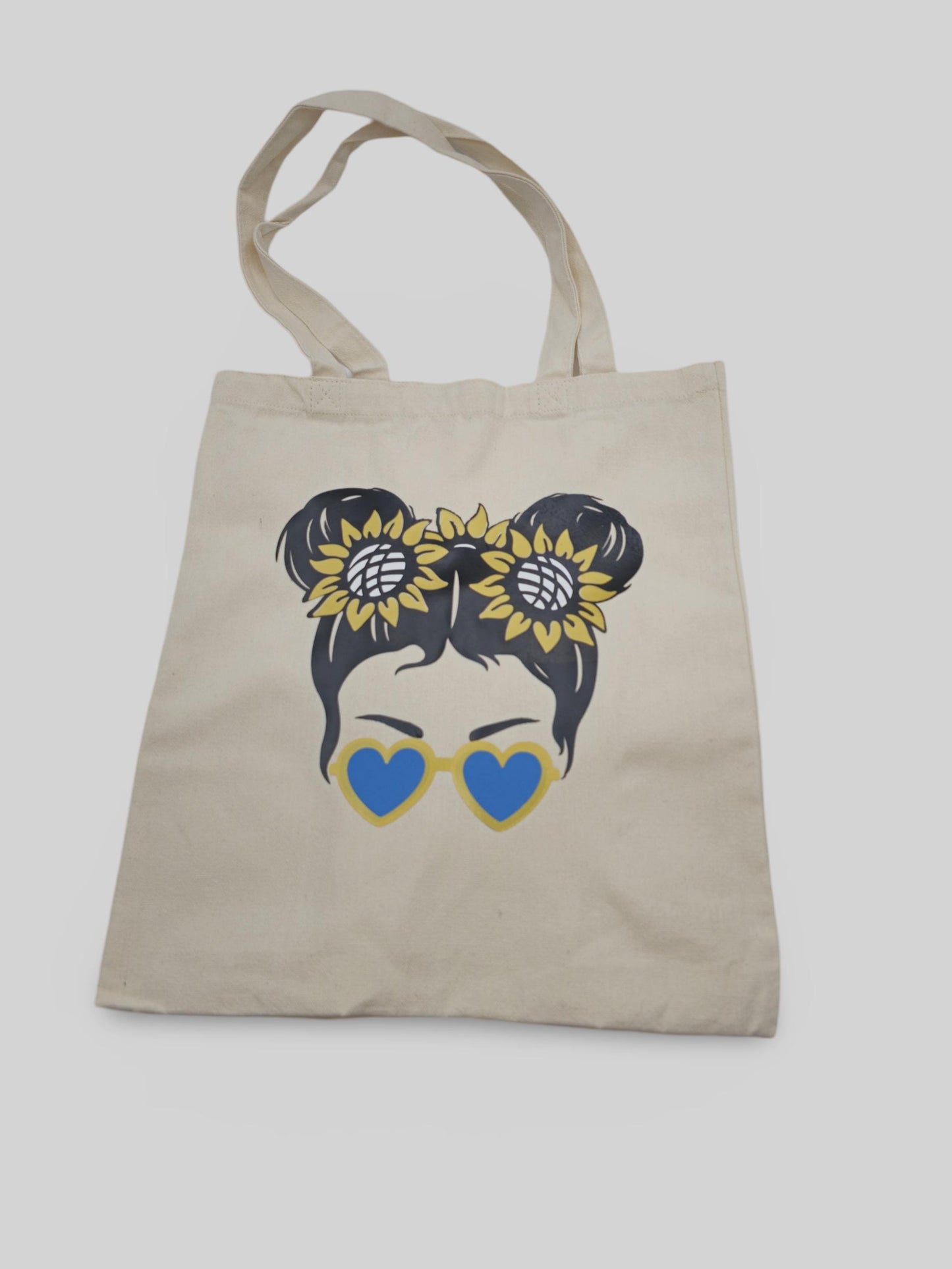 Natural Cotton Tote Bag - Sunflower & Heart Glasses Design | Ukrainian Flag Colors | Eco-Friendly, Reusable Shopping Bag
