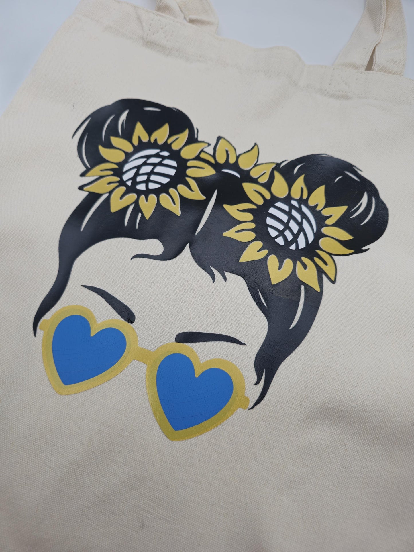 Natural Cotton Tote Bag - Sunflower & Heart Glasses Design | Ukrainian Flag Colors | Eco-Friendly, Reusable Shopping Bag