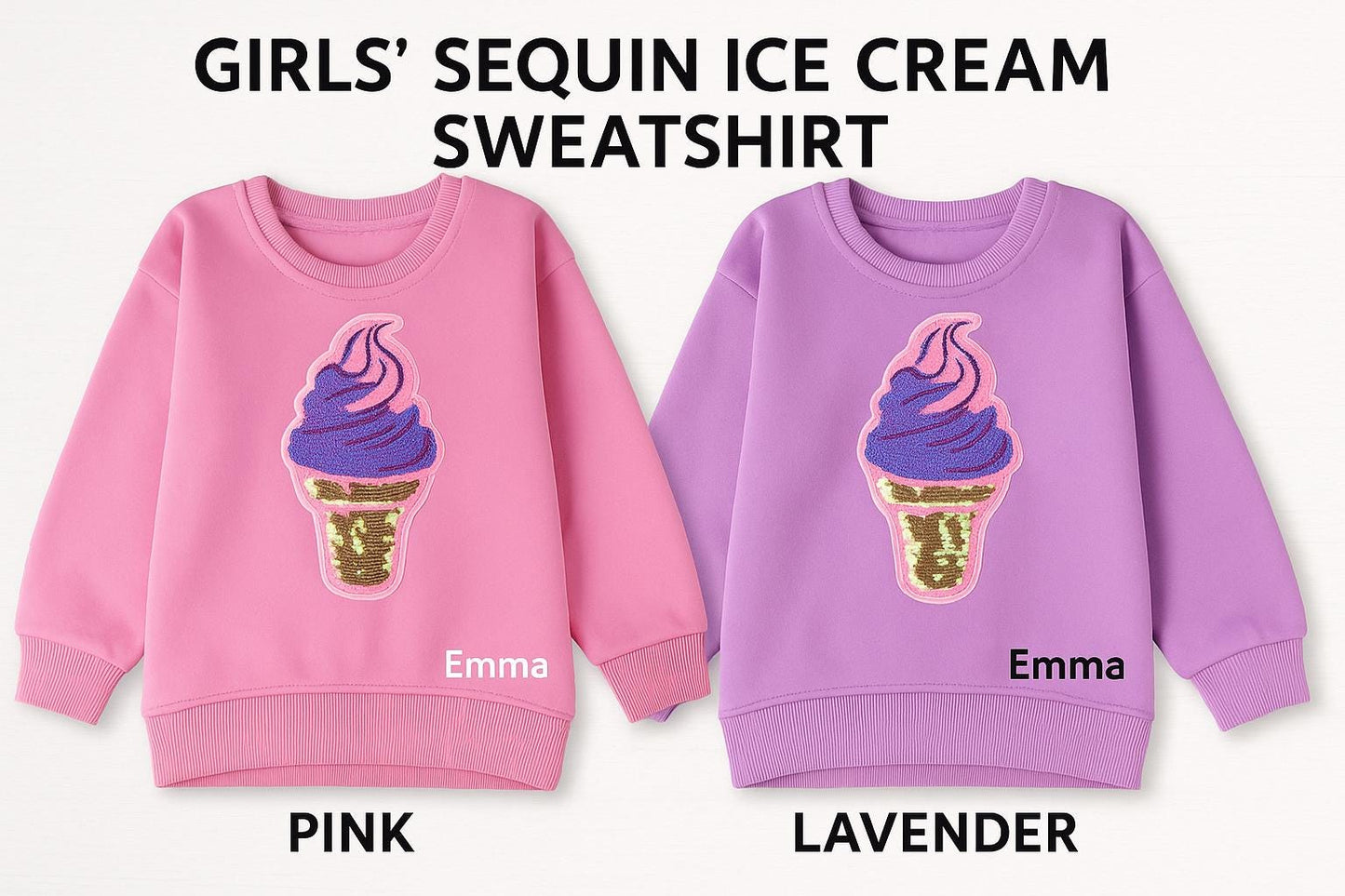 Kids Sequin Ice Cream Sweatshirt, Lavender Toddler Sweater, Warm Pullover for Girls, Cozy Sequin Jumper, Cute kids Clothing, Girl Sweater