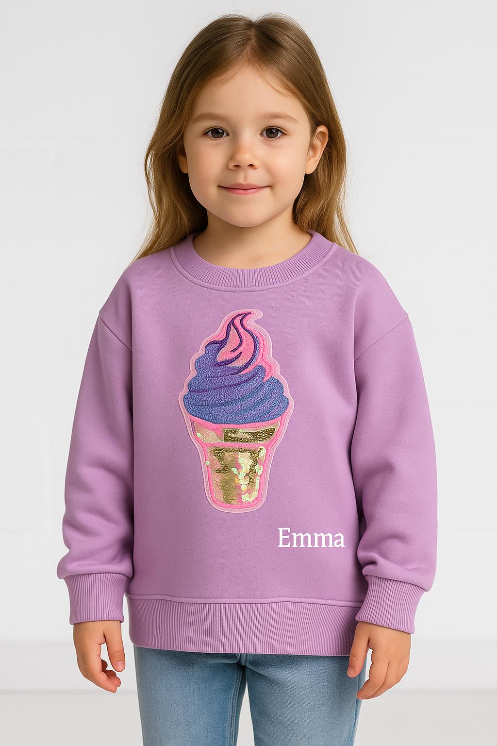 Kids Sequin Ice Cream Sweatshirt, Lavender Toddler Sweater, Warm Pullover for Girls, Cozy Sequin Jumper, Cute kids Clothing, Girl Sweater