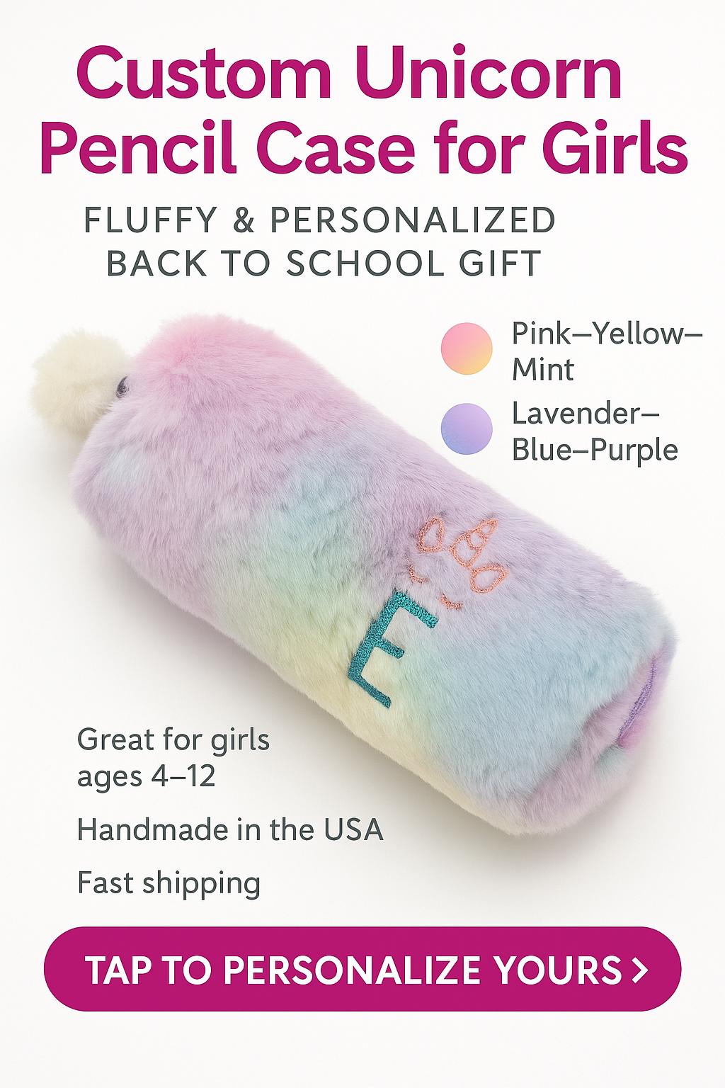 Personalized Unicorn Pencil Case with Initial, Rainbow Fluffy Pencil Pouch, Valentine Gift for Girls, Makeup Bag, Zipper Case