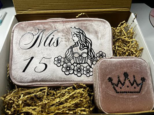 Personalized  Makeup Bag for Mis 15, Bridesmaid Cosmetic Bag and jewelry box, Custom Makeup Bag, Bridesmaid Proposal, Bridesmaid Gift