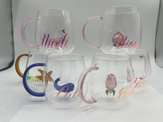 Glass cups with 3D figures. Personalized Coffee Cup Glass , Gifts for Women, Friends, Bridesmaids Personalized Glass Cup, cute tea cup,