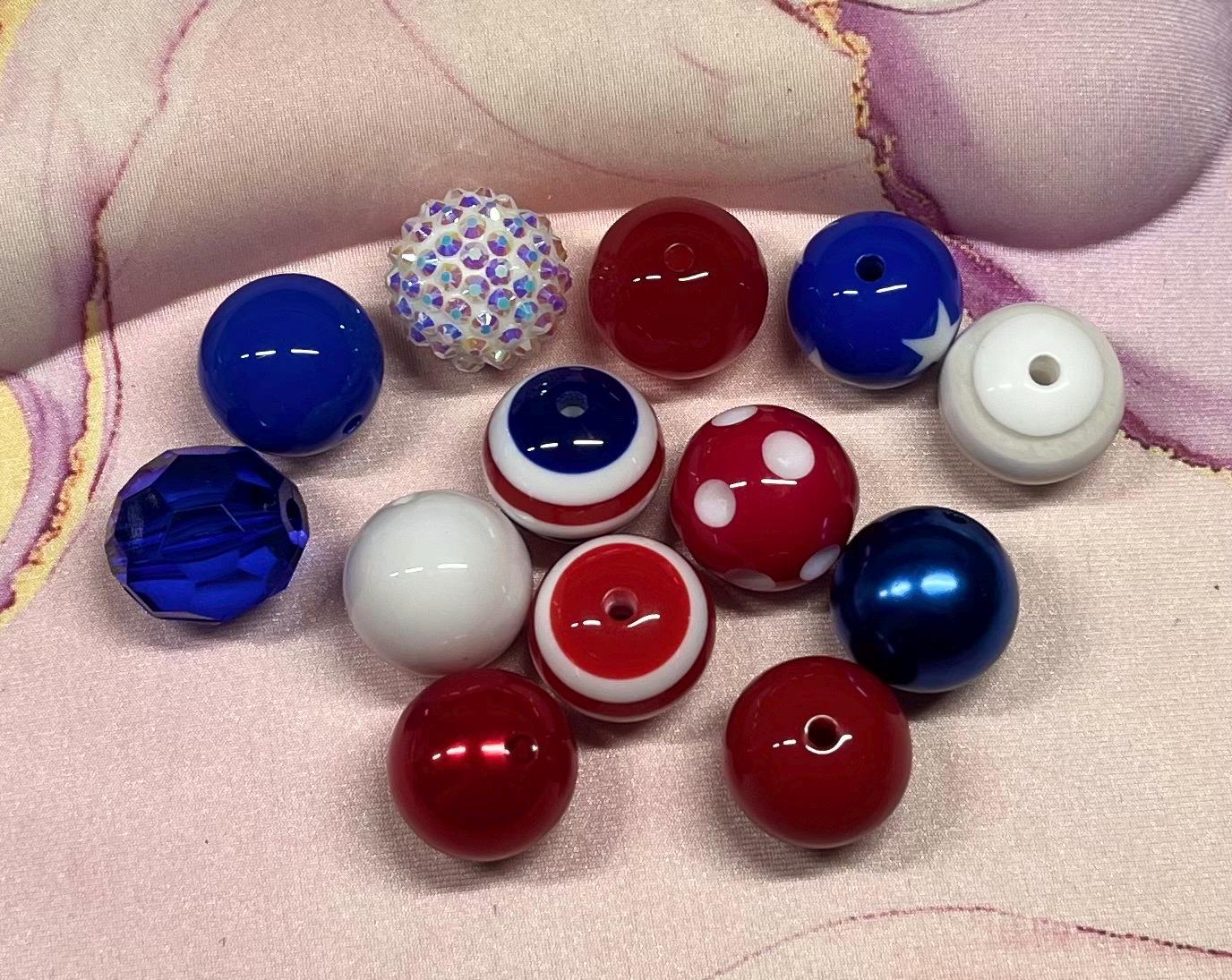 Sale, Bubblegum Beads, Mixes, 20mm beads, Blue, Clear, white and Red, for pens & crafts, acrylic, chunky, bulk assorted, price for 10 beads