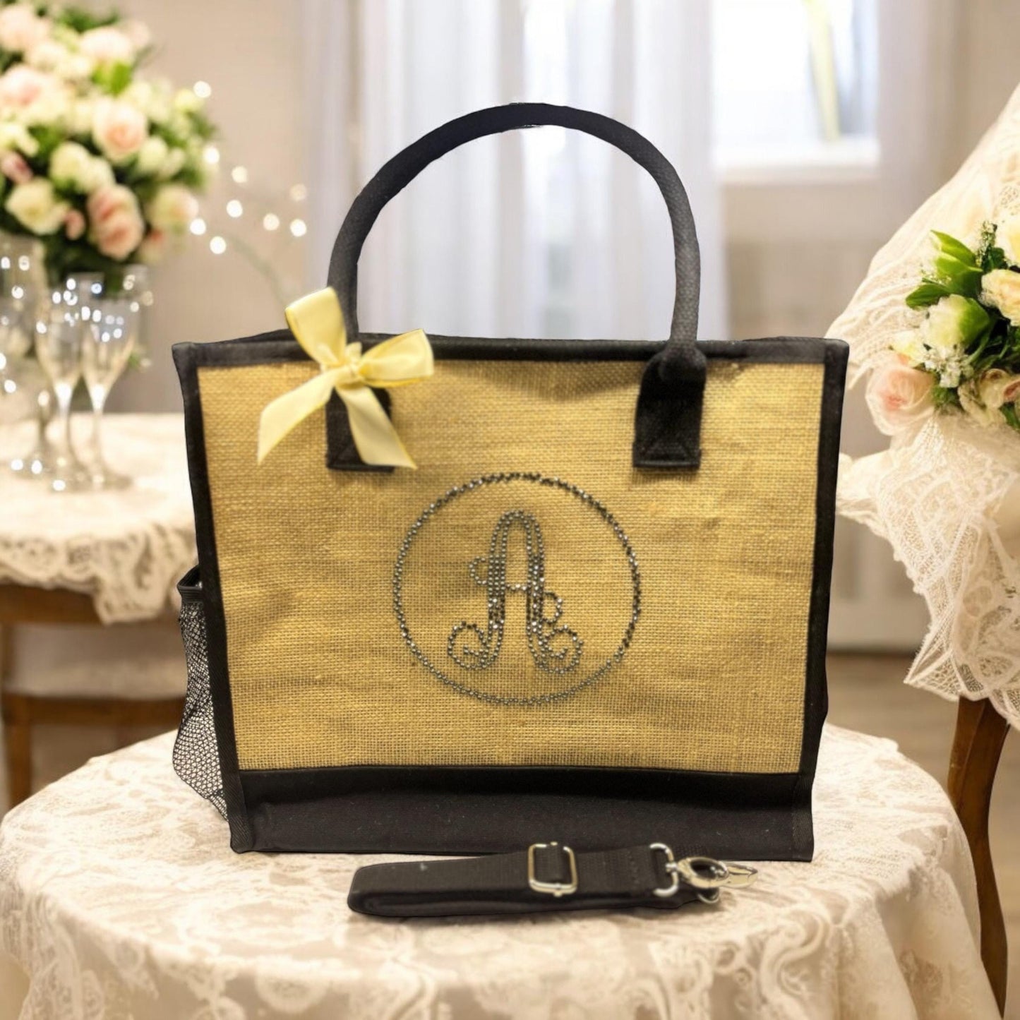 Personalized Jute Tote Bag – Rhinestone Monogram Bridesmaid Gift