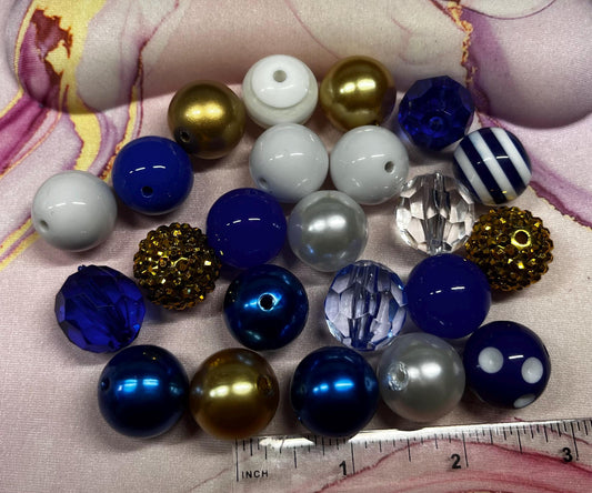 Sale bubblegum Beads, Mixes, DIY, 20mm beads, Blue, Clear, white and Gold, for pens & crafts, acrylic, bulk assorted, price for 10 beads