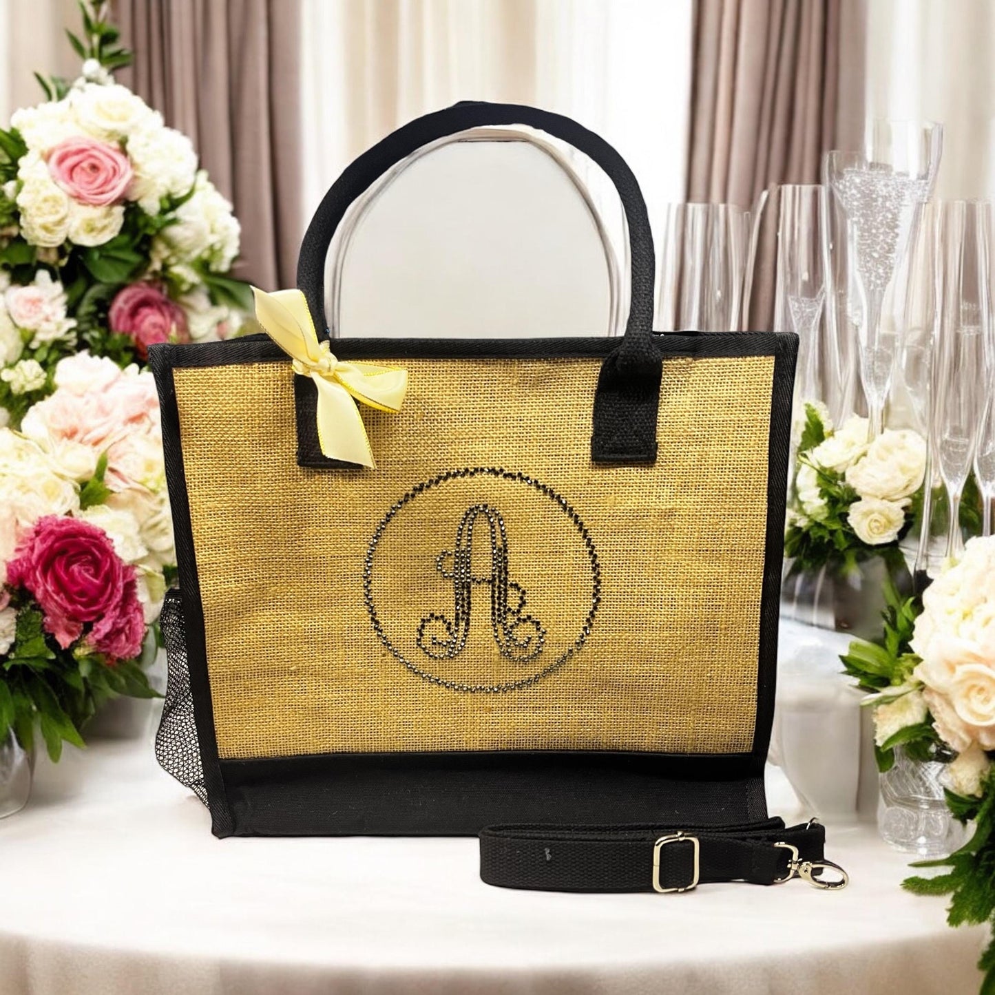Personalized Burlap Beach Tote Bag: Crystal Monogram, Newlywed Gift