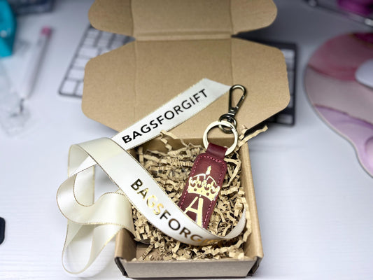 Personalized initialized leather keychain, key fob, custom keychain, leather initial keychain, shipping anniversary gift in box and bow