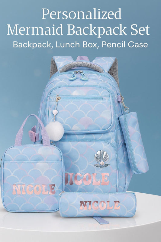 3-in-1 Mermaid Backpack Set for Kids: Quality School Bag, Pencil Purse & Lunchbox with Keychain, Colorful Mermaid Backpack Trio.
