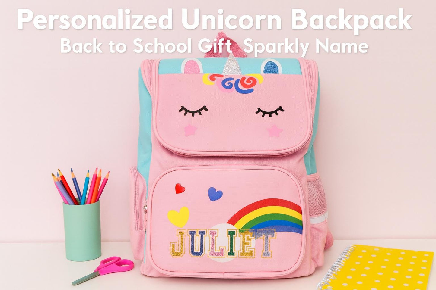 Personalized Unicorn Backpack Set: Girls School Bag, Lunch Bag & Pencil Case