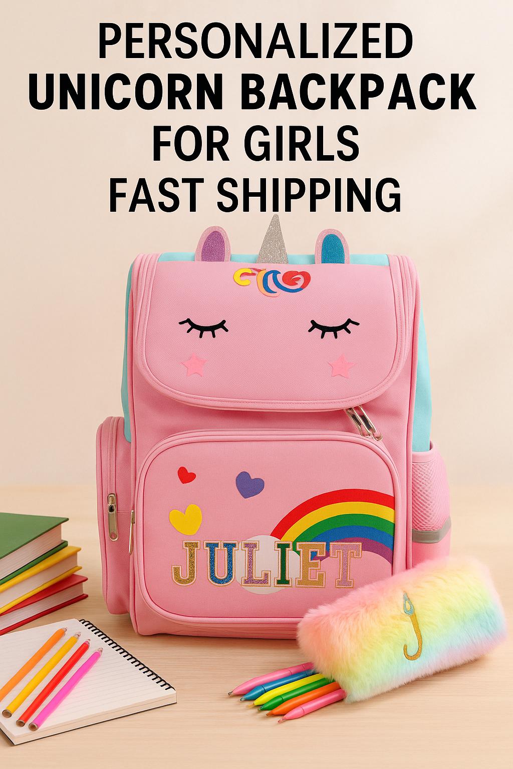 Personalized Unicorn Backpack Set: Girls School Bag, Lunch Bag & Pencil Case