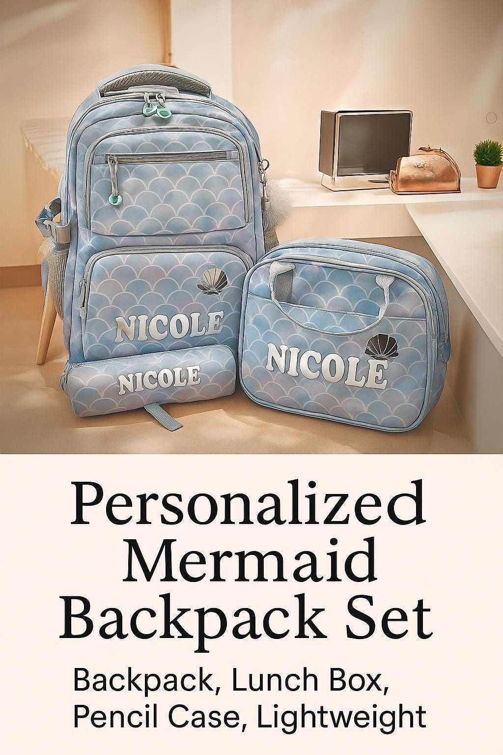 Personalized Mermaid Backpack Set: Glitter Pearl Shell Design - 3PCS Back to School