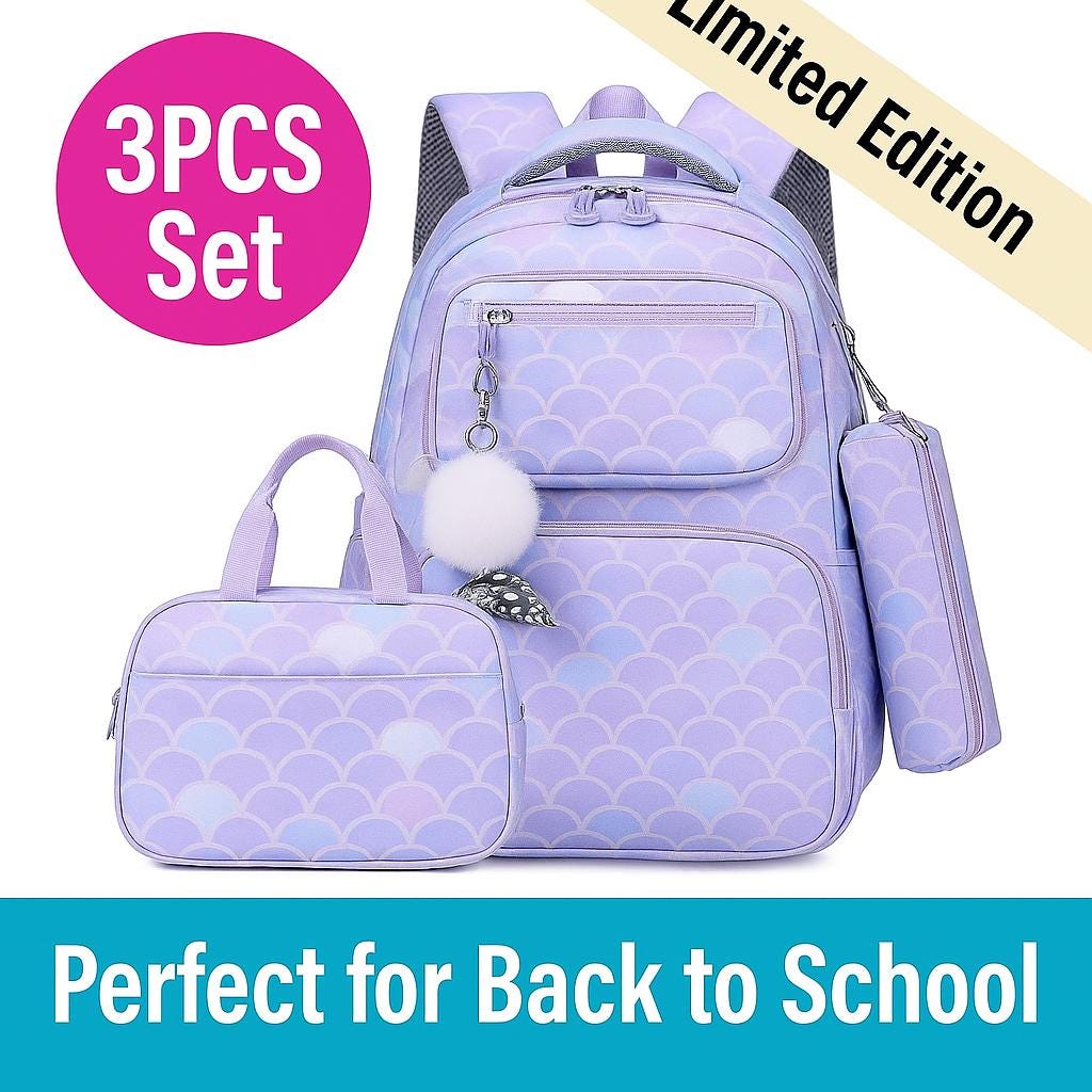 Personalized Mermaid Backpack Set: Glitter Pearl Shell Design - 3PCS Back to School