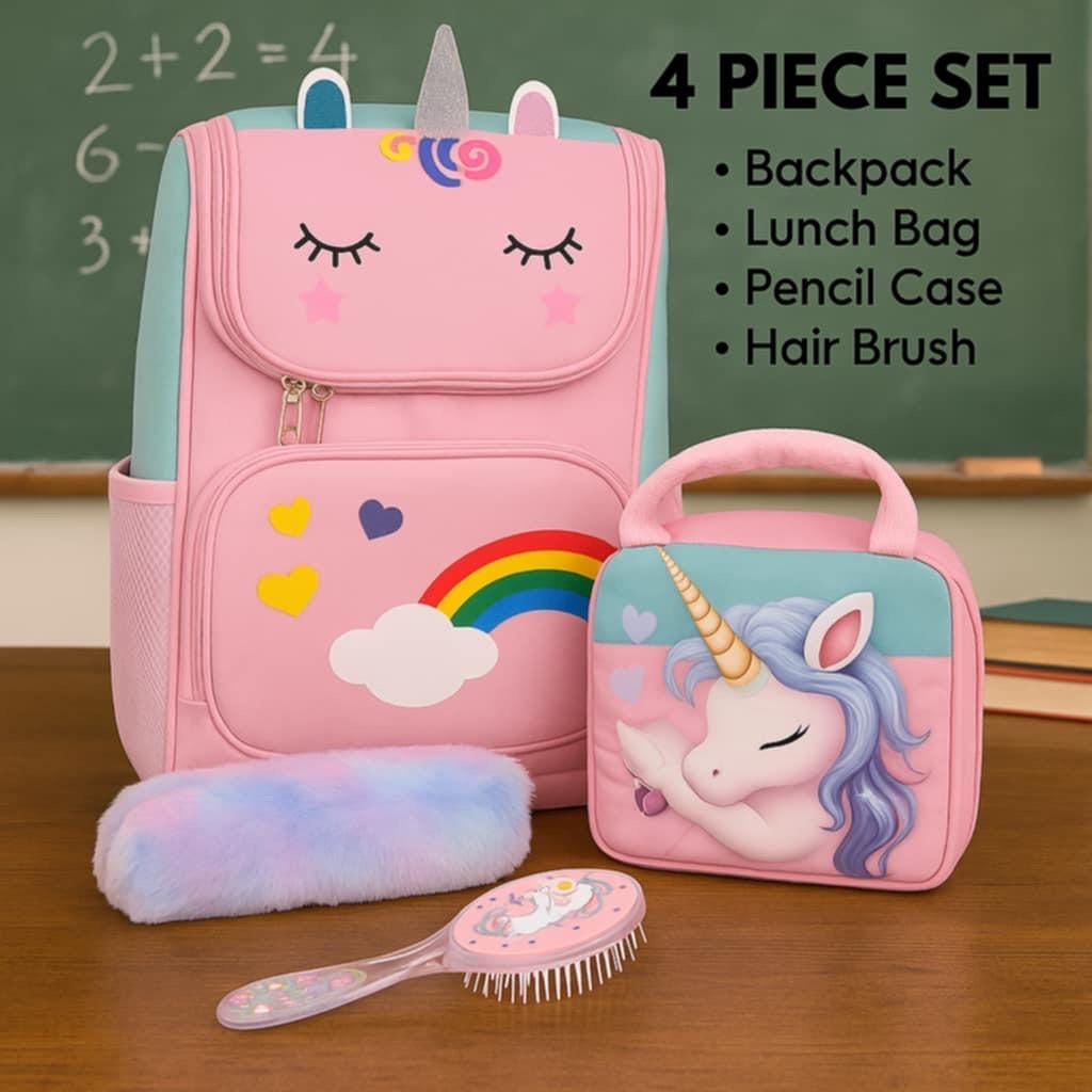 Personalized Unicorn Backpack Set: Girls School Bag, Lunch Bag & Pencil Case