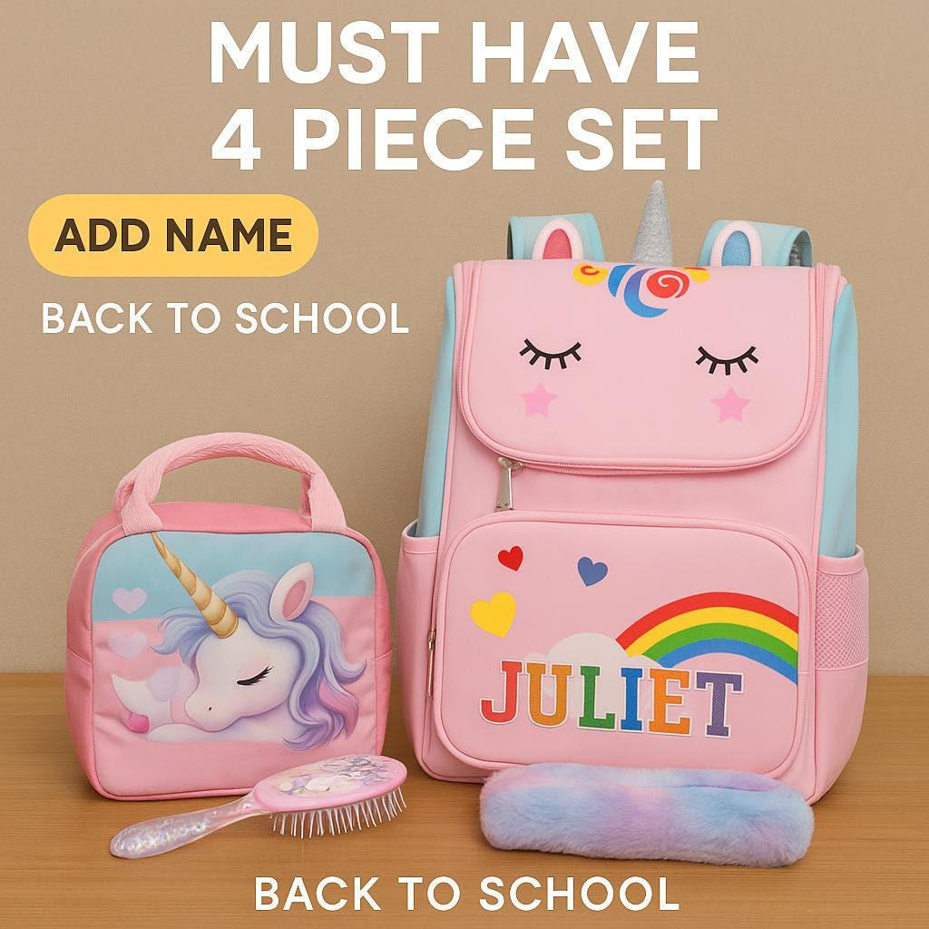 Personalized Unicorn Backpack Set: Girls School Bag, Lunch Bag & Pencil Case
