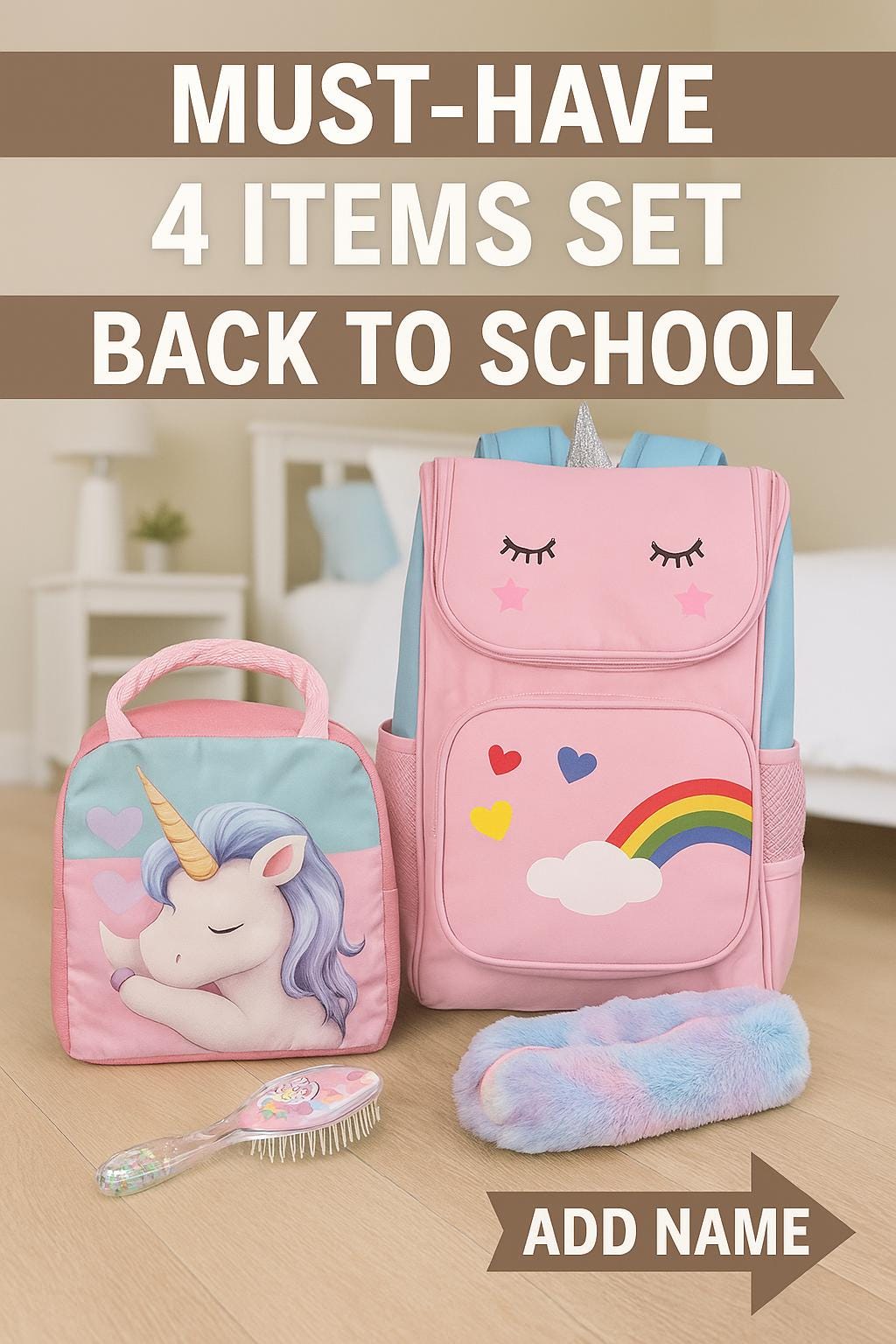 Personalized Unicorn Backpack Set: Girls School Bag, Lunch Bag & Pencil Case