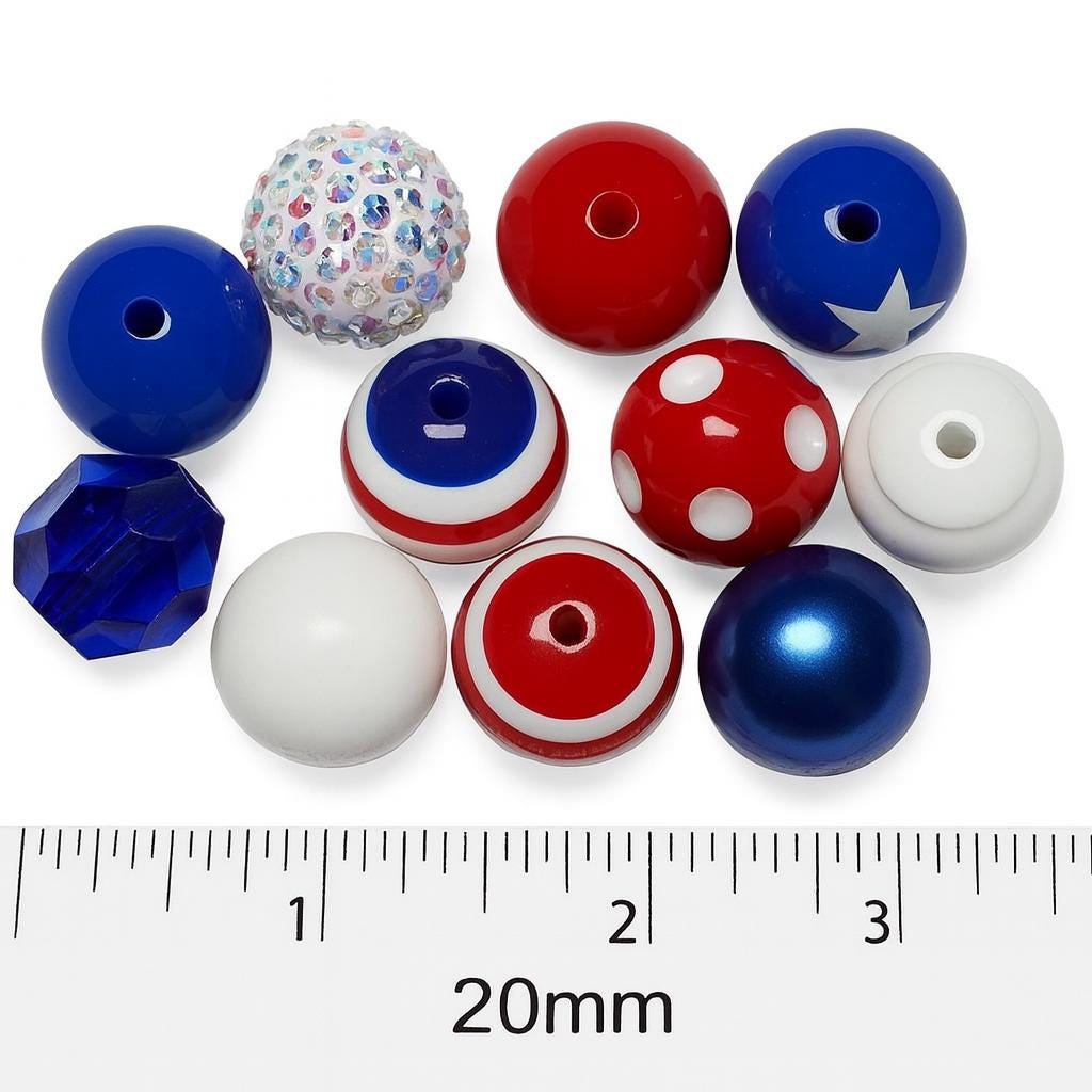 20mm Bubblegum Beads – Chunky Acrylic Beads Red White Blue for Crafts (20 pcs)