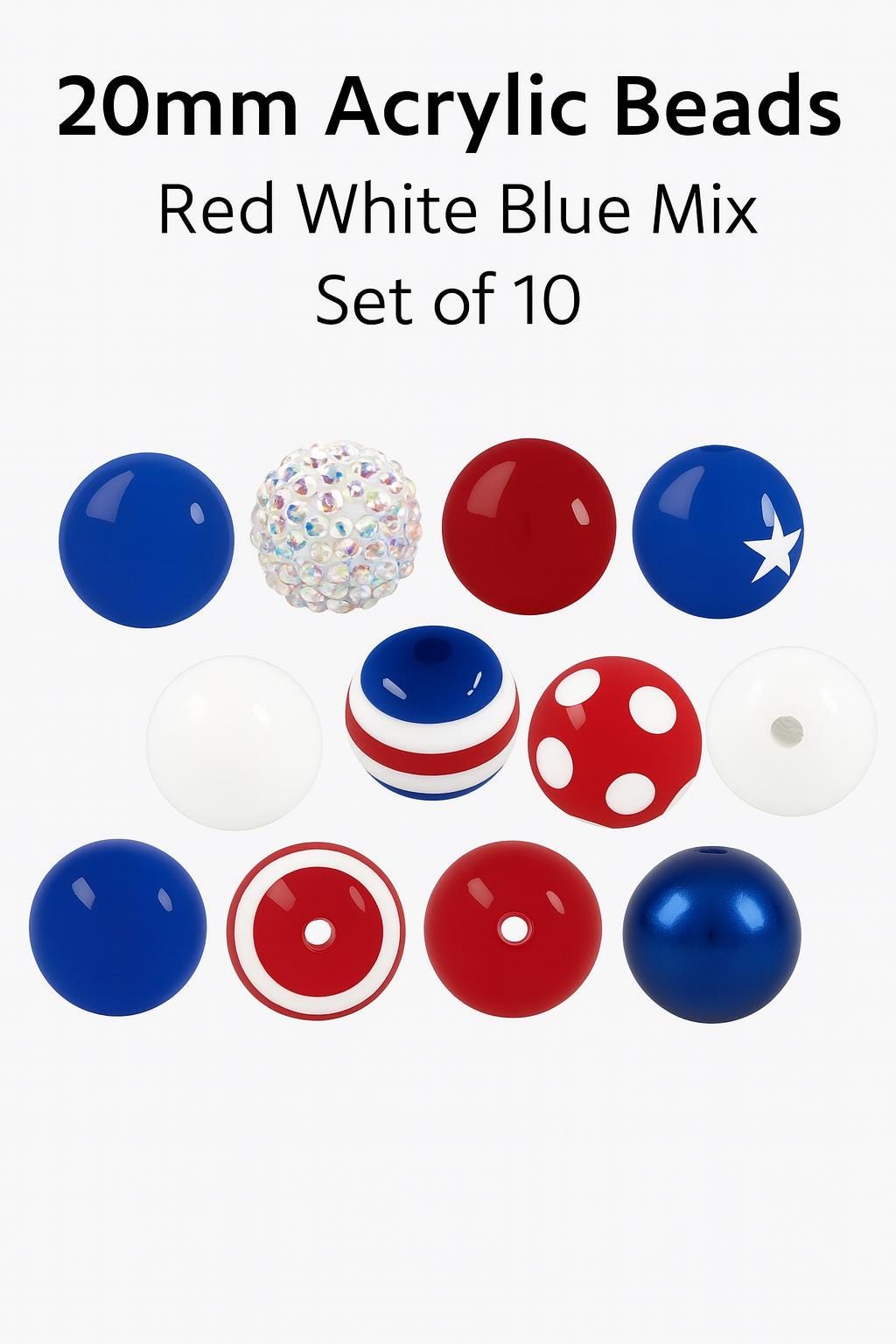 20mm Bubblegum Beads – Chunky Acrylic Beads Red White Blue for Crafts (20 pcs)
