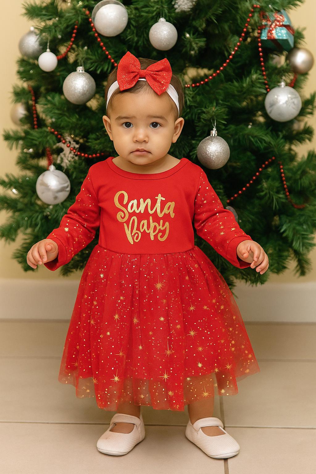 Personalized Santa Baby Dress, Red Holiday Outfit with Bow