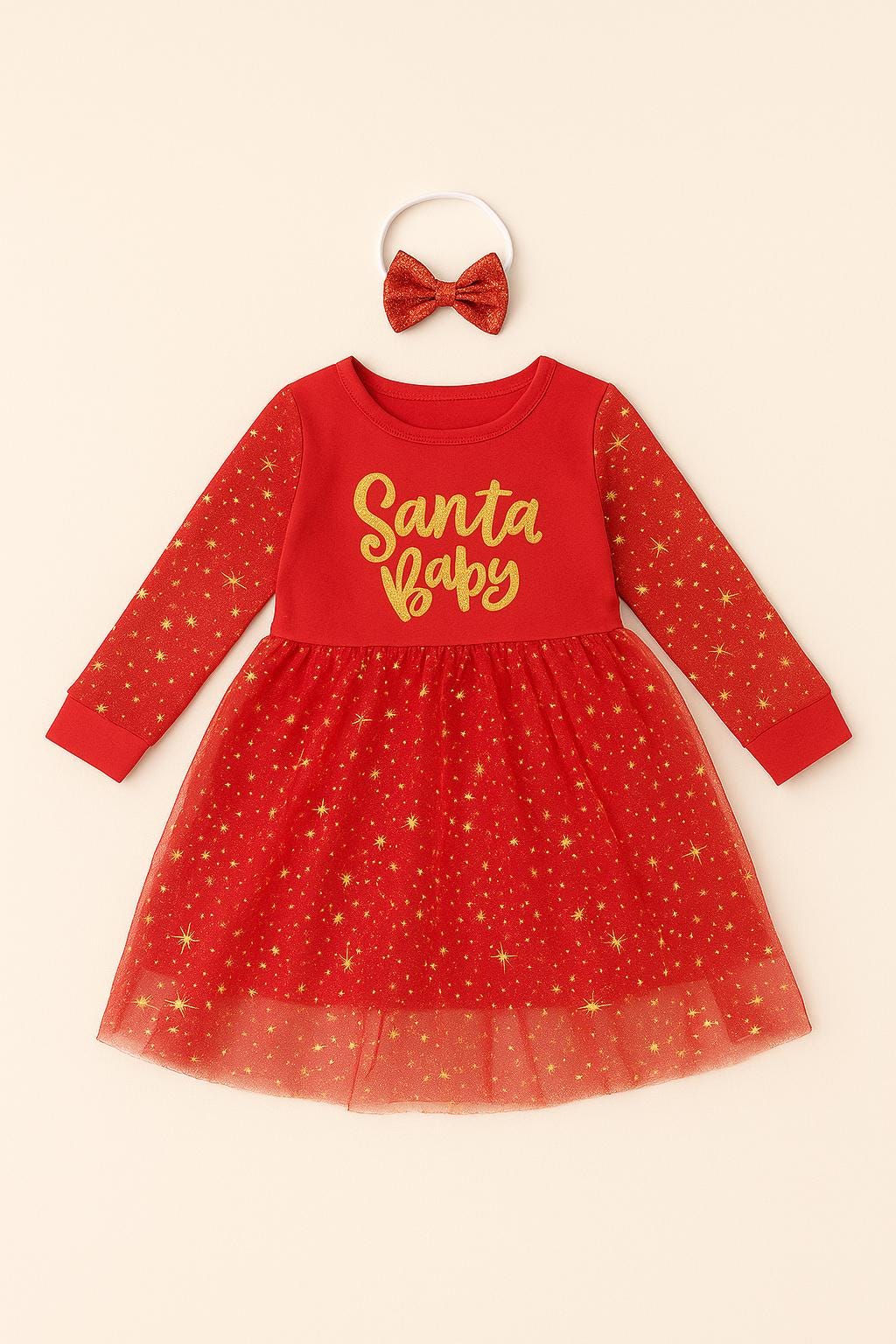 Personalized Santa Baby Dress, Red Holiday Outfit with Bow