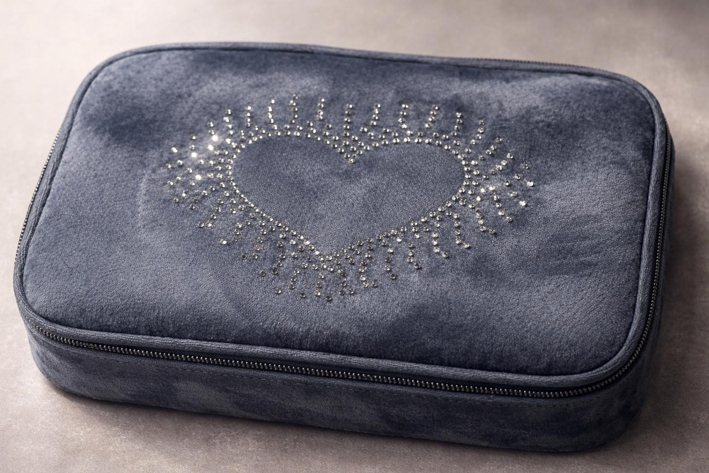 Personalized Velvet Makeup Bag, Rhinestone Heart, Travel Cosmetic Pouch