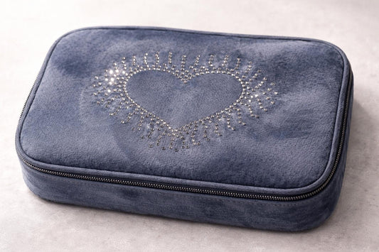 Personalized Velvet Makeup Bag, Rhinestone Heart, Travel Cosmetic Pouch