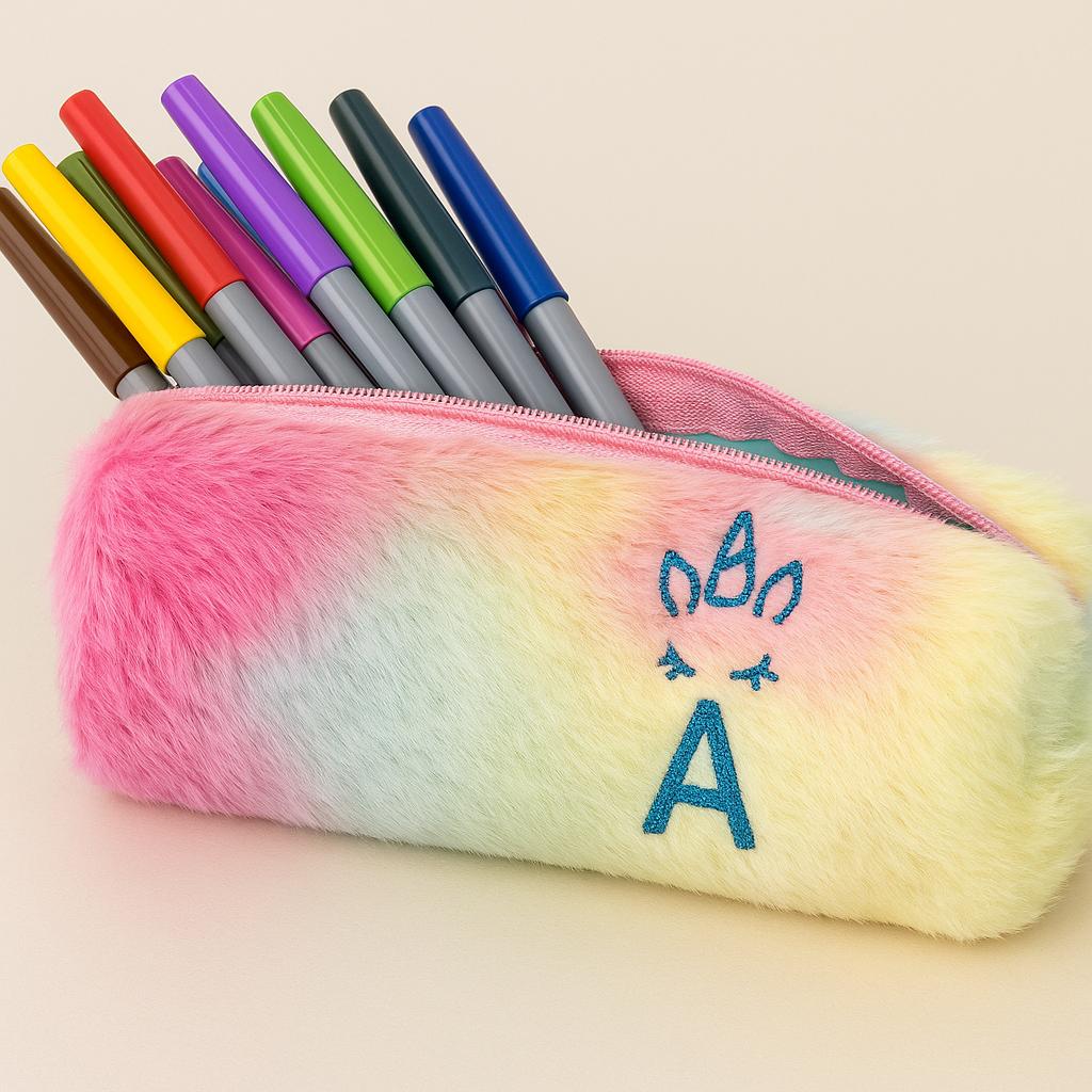 Personalized Unicorn Pencil Case with Initial, Rainbow Fluffy Pencil Pouch, Valentine Gift for Girls, Makeup Bag, Zipper Case