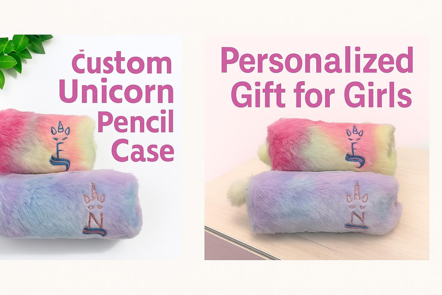 Personalized Unicorn Pencil Case with Initial, Rainbow Fluffy Pencil Pouch, Valentine Gift for Girls, Makeup Bag, Zipper Case