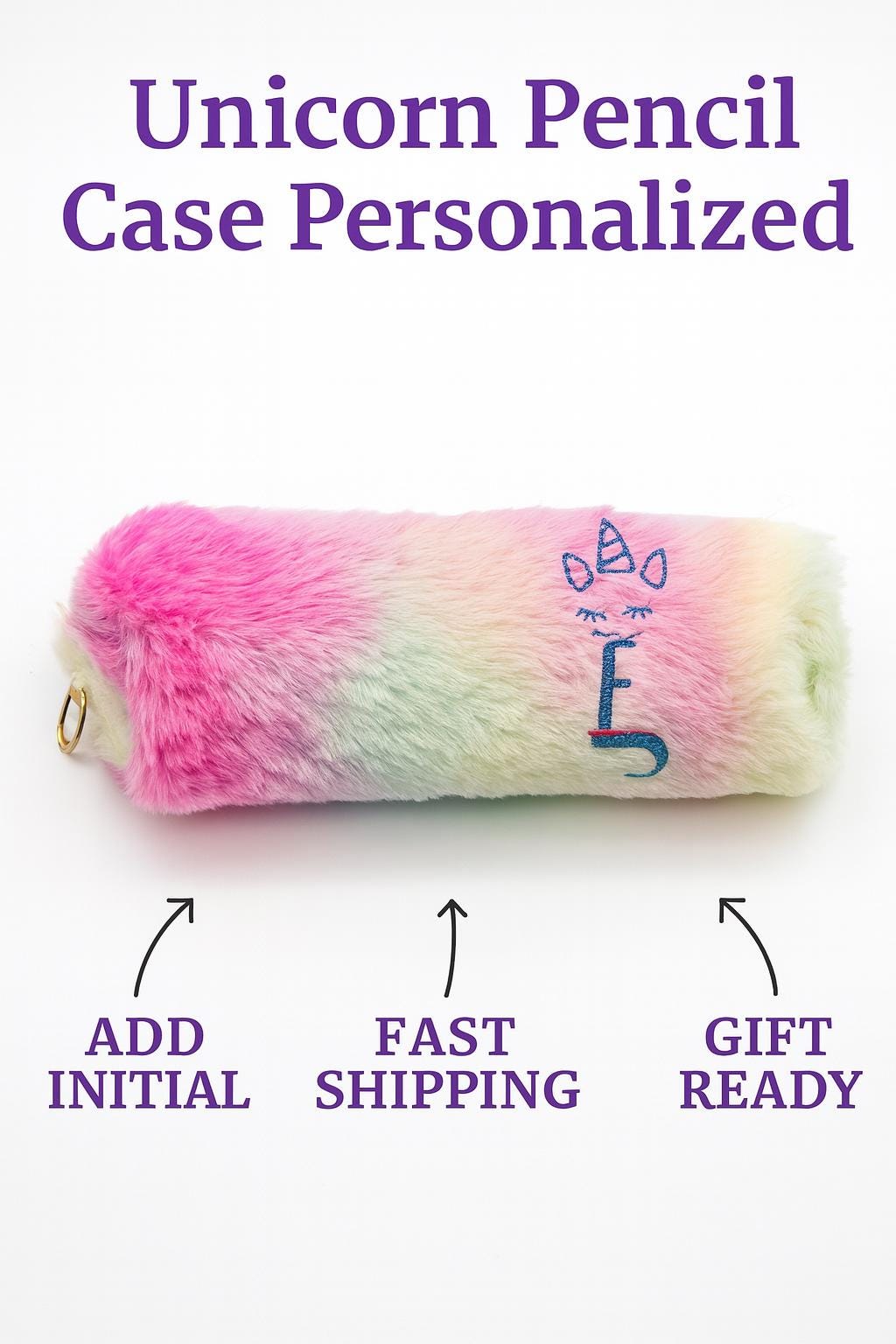 Personalized Unicorn Pencil Case with Initial, Rainbow Fluffy Pencil Pouch, Valentine Gift for Girls, Makeup Bag, Zipper Case