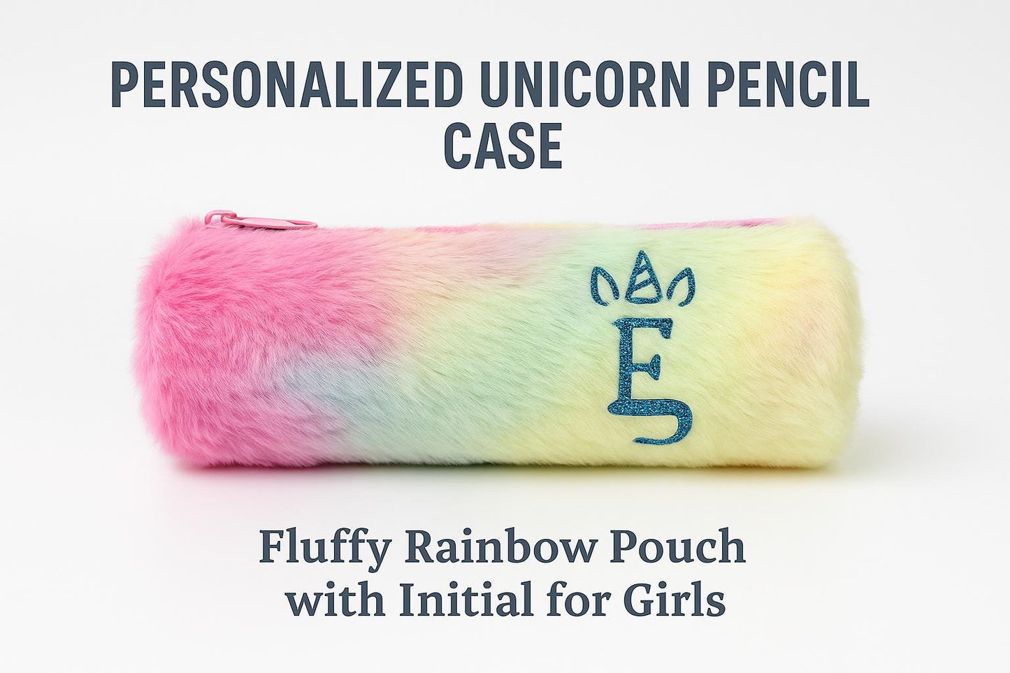 Personalized Unicorn Pencil Case with Initial, Rainbow Fluffy Pencil Pouch, Valentine Gift for Girls, Makeup Bag, Zipper Case