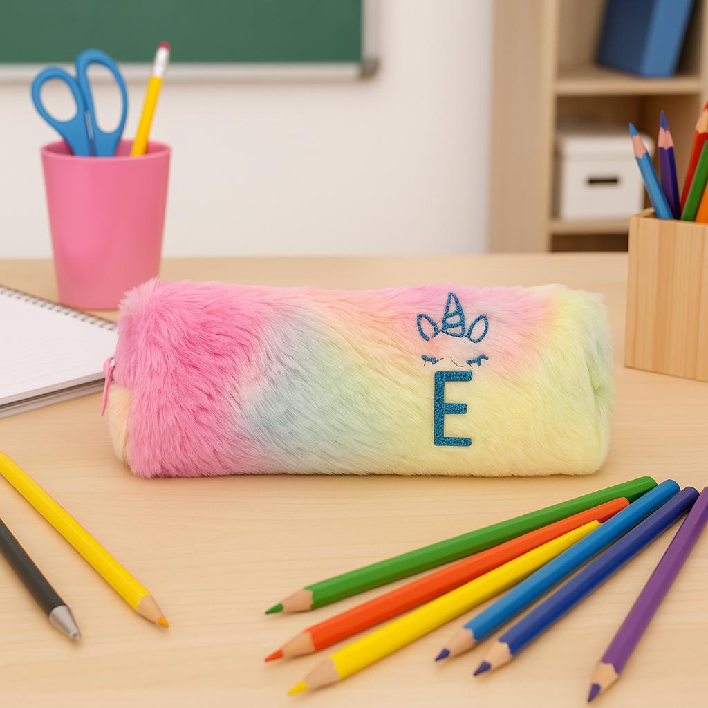 Personalized Unicorn Pencil Case with Initial, Rainbow Fluffy Pencil Pouch, Valentine Gift for Girls, Makeup Bag, Zipper Case