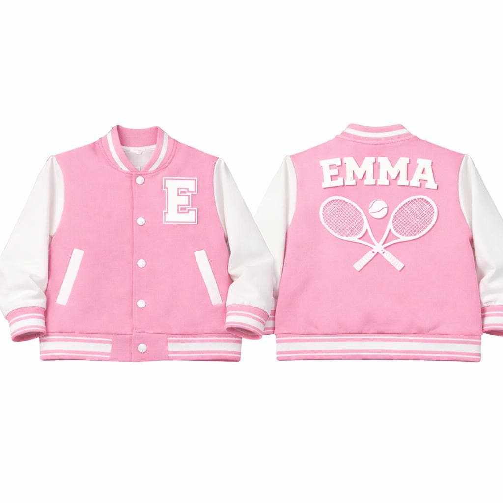 Personalized Kids Varsity Jacket: Custom Name Tennis Letterman Coat – Pink/Blue
