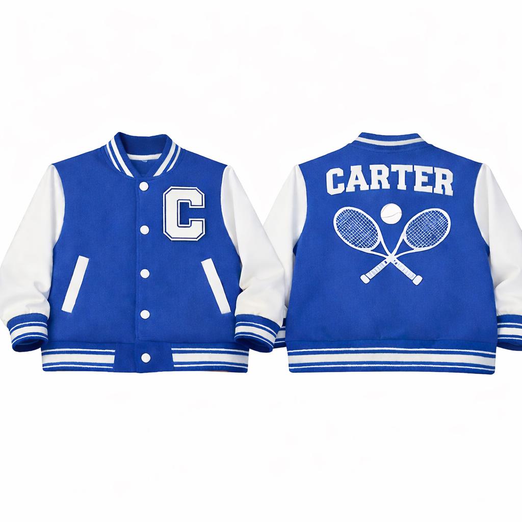 Personalized Kids Varsity Jacket: Custom Name Tennis Letterman Coat – Pink/Blue