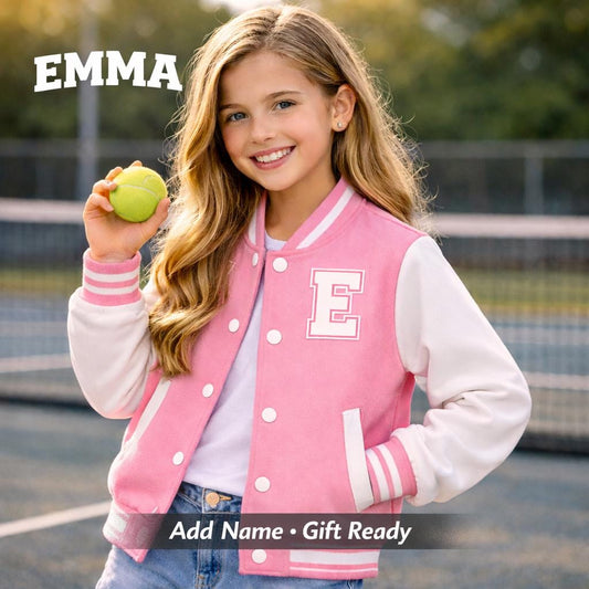 Personalized Kids Varsity Jacket: Custom Name Tennis Letterman Coat – Pink/Blue