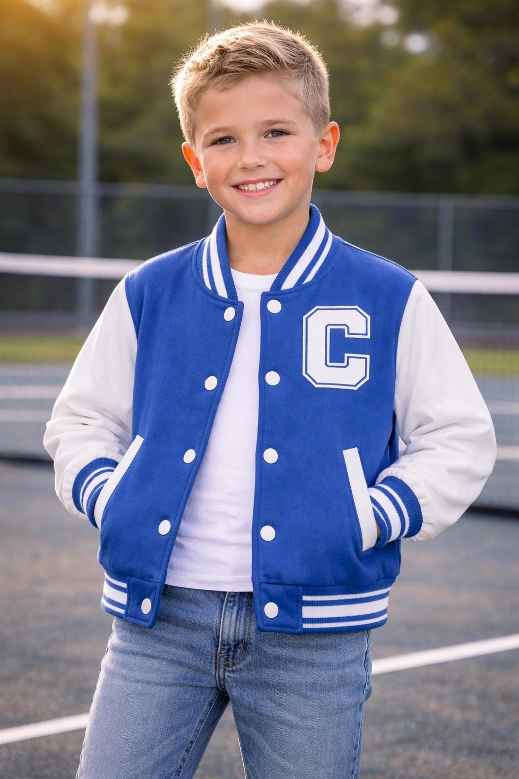 Personalized Kids Varsity Jacket: Custom Name Tennis Letterman Coat – Pink/Blue