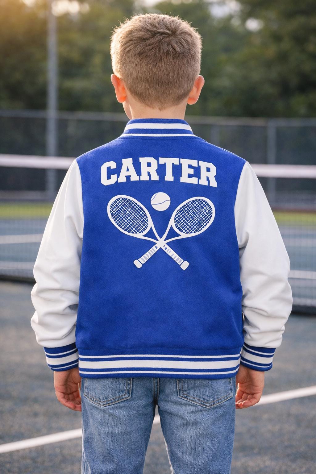 Personalized Kids Varsity Jacket: Custom Name Tennis Letterman Coat – Pink/Blue