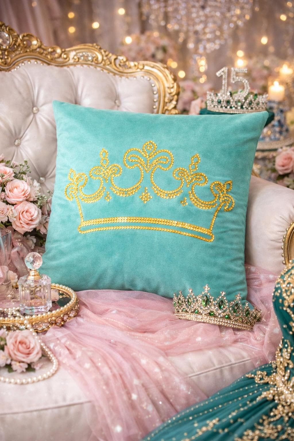 Personalized Velvet Quinceanera Pillow Cover, Crown Design, XV Birthday Gift