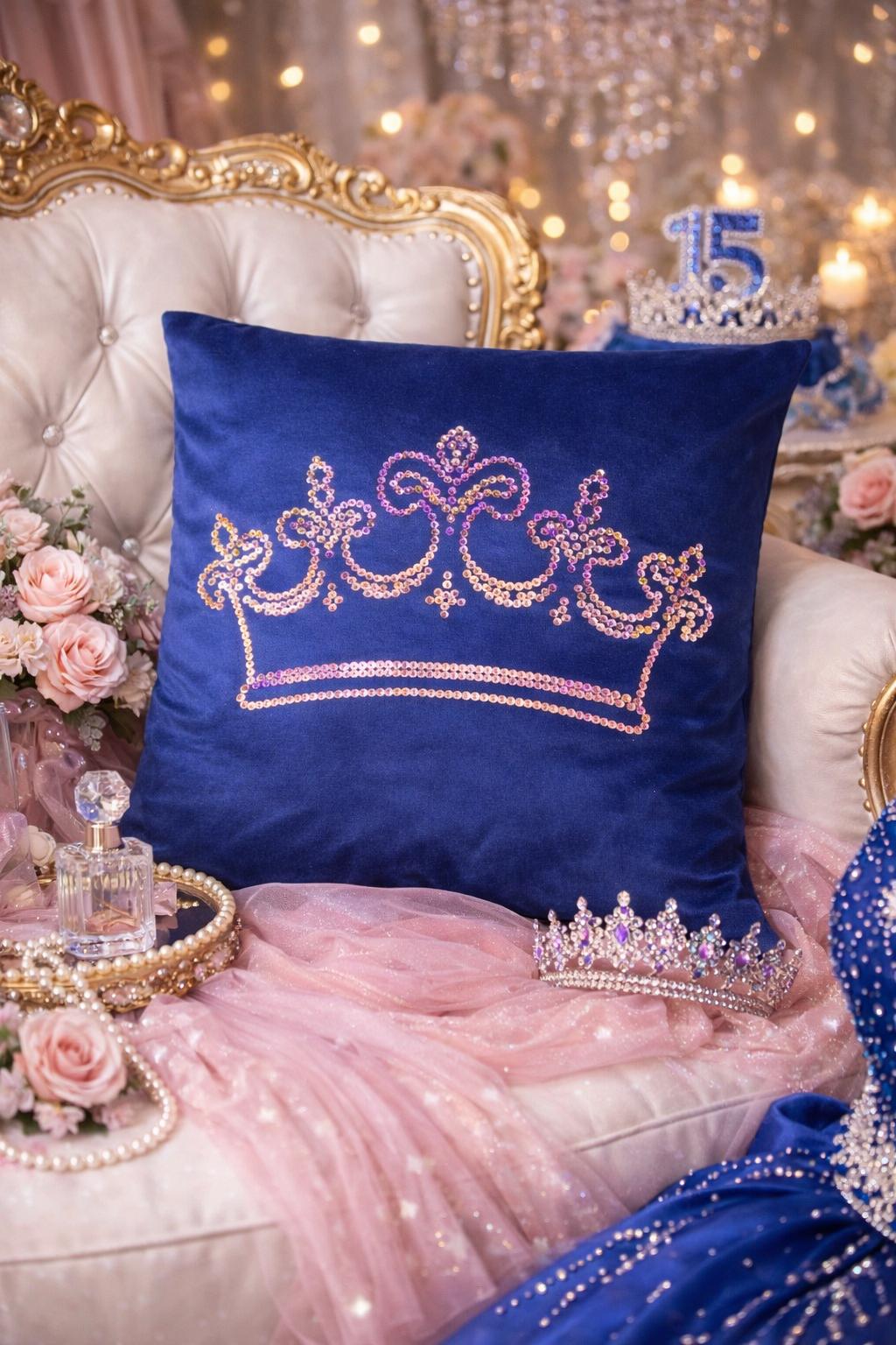 Personalized Velvet Quinceanera Pillow Cover, Crown Design, XV Birthday Gift
